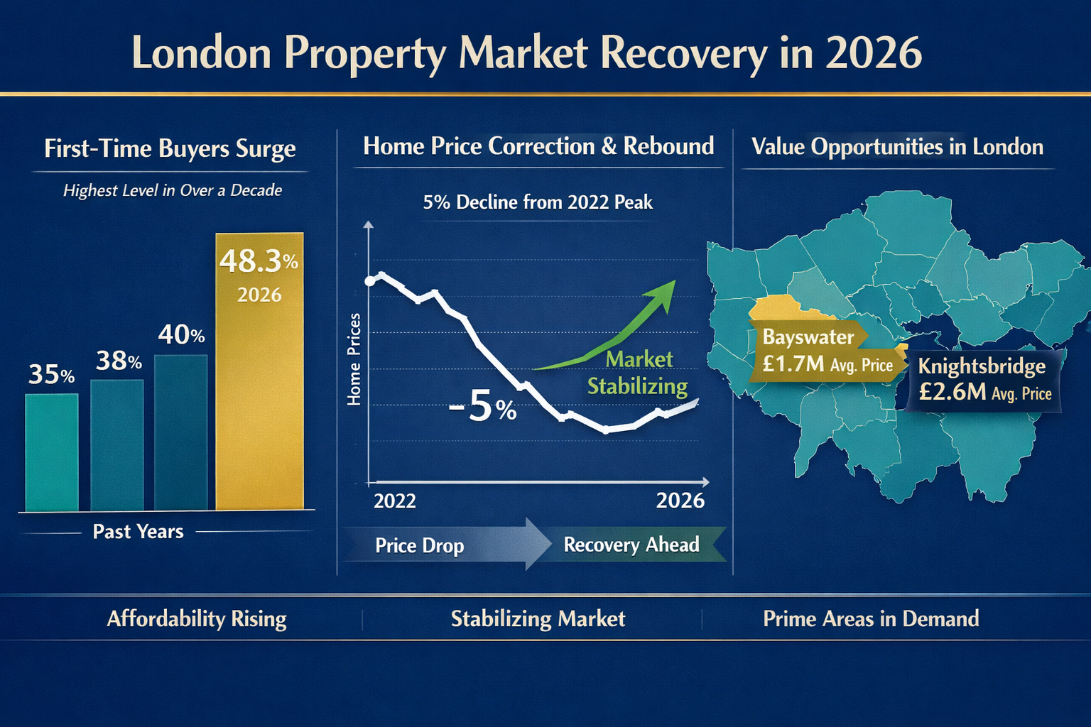 Comprehensive landscape format (1536x1024) infographic visualization displaying London property market recovery metrics for 2026, featuring