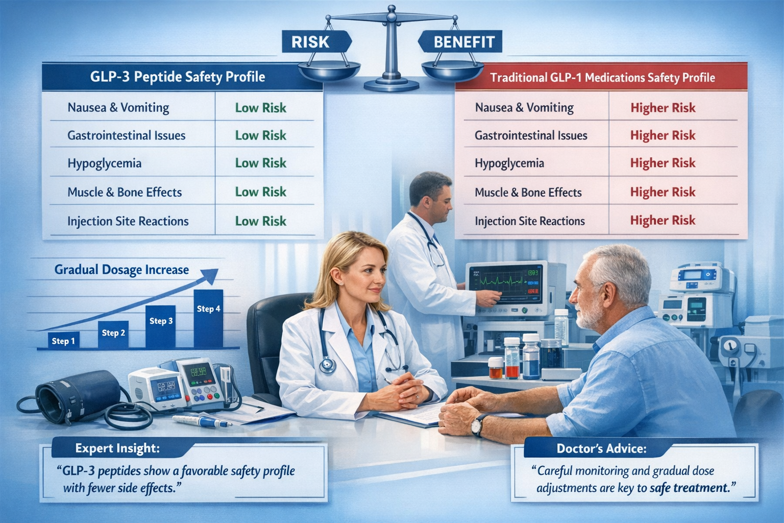 Detailed landscape format (1536x1024) image showing safety comparison table with GLP-3 peptide versus traditional GLP-1 medications, side-by