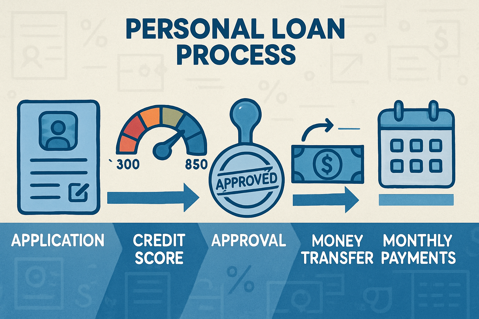 Detailed infographic illustration (1536x1024) showing step-by-step personal loan process flow diagram. Five connected stages from left to ri