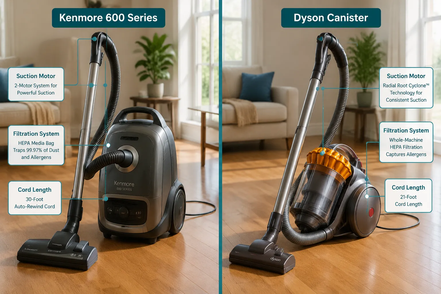 Split-screen editorial comparison image (1536x1024): left half shows Kenmore 600 Series bagged canister vacuum on hardwood floor in a bright modern living room, natural daylight streaming through windows, right half shows a Dyson canister vacuum on the same hardwood floor under identical lighting. Short panel labels at top: 'Kenmore 600 Series' left, 'Dyson Canister' right. Callout lines pointing to suction motor, filtration system, and cord length on each unit. High-contrast magazine composition, teal dividing line, clean editorial style. Kenmore 600 Series vs. Dyson Canister Vacuum: How Do They Compare?
