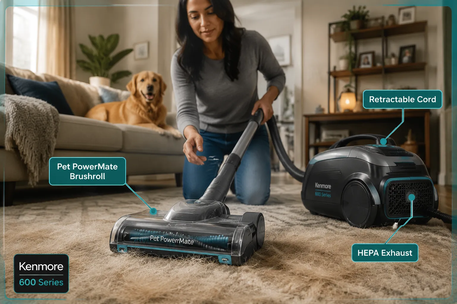 Editorial documentary photograph (1536x1024) of a Kenmore 600 Series bagged canister vacuum being used on a carpeted pet-friendly home interior: a woman with medium skin tone and dark hair guides the Pet PowerMate attachment across a rug covered in pet hair, a golden retriever visible in the background on a sofa. Warm natural interior lighting, shallow depth of field on the brushroll, three short callout labels: 'Pet PowerMate Brushroll', 'Retractable Cord', 'HEPA Exhaust'. Lifestyle editorial quality, magazine composition, labels inside 5% safe margin, teal accent color scheme. Is the Kenmore 600 Series Good for Pet Hair and Hard Floors?