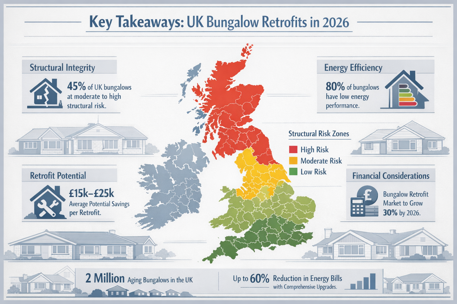 A comprehensive editorial-style infographic highlighting 'Key Takeaways' for UK Bungalow Retrofits in 2026, featuring a clean, professional