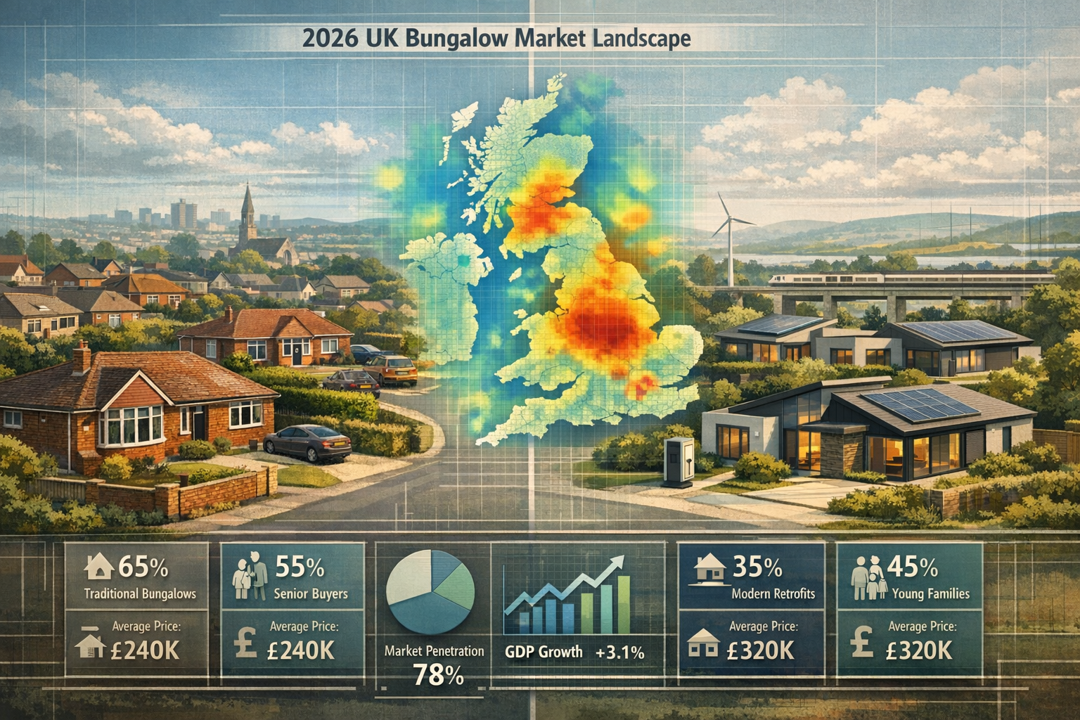 Panoramic landscape visualization of the 2026 UK Bungalow Market Landscape, showcasing regional architectural diversity. Split-screen compos