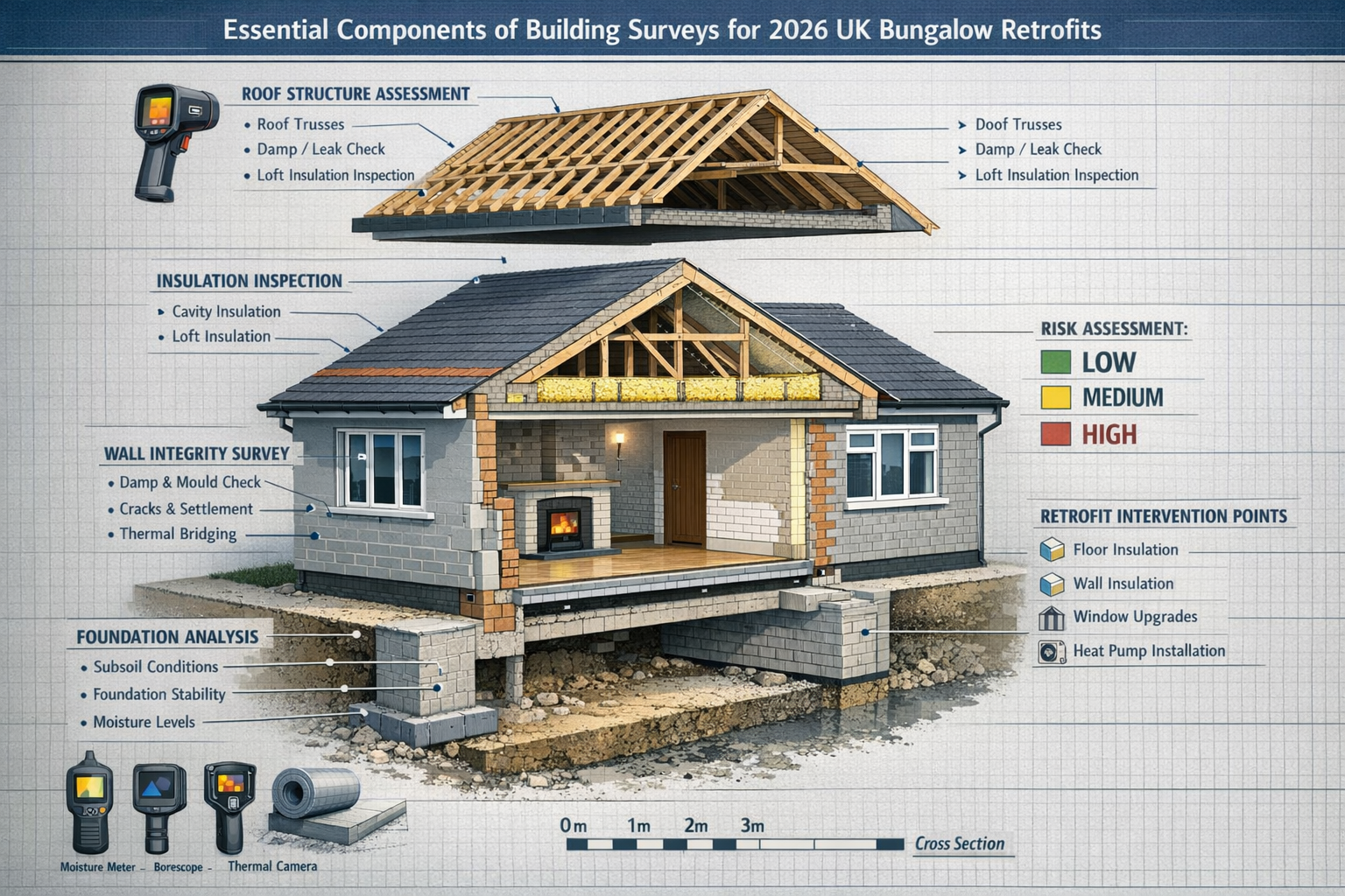 Technical survey visualization demonstrating 'Essential Components of Building Surveys for 2026 UK Bungalow Retrofits', featuring a detailed