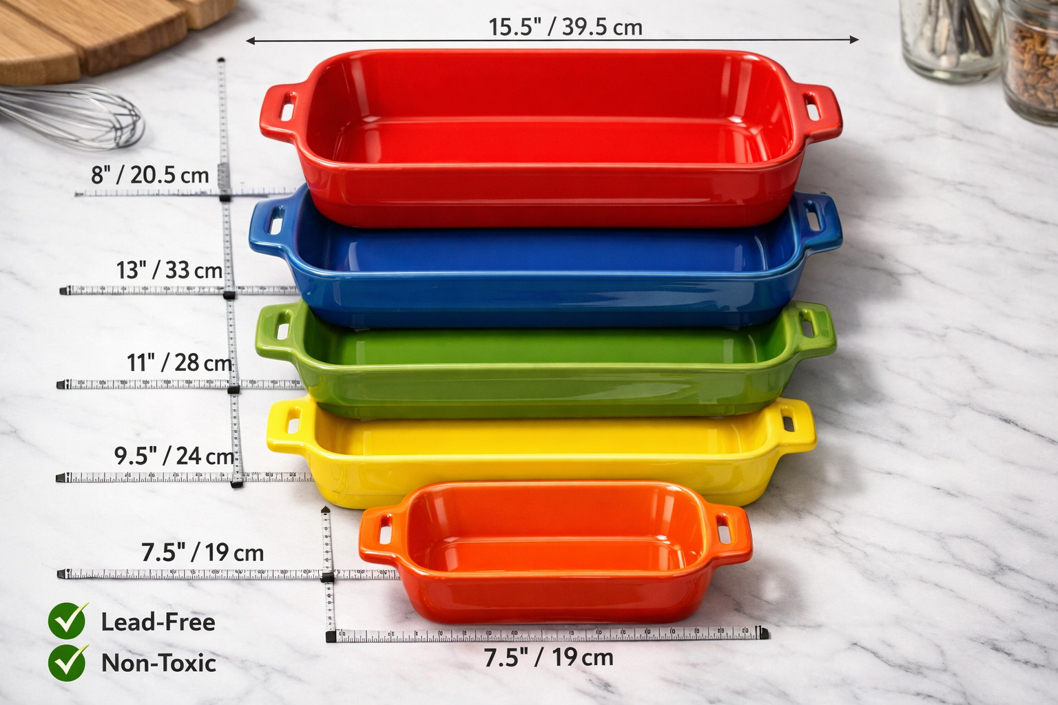 Detailed product photography showing all five pieces of RUYOLIKS ceramic bakeware set arranged in descending size order on white marble surf
