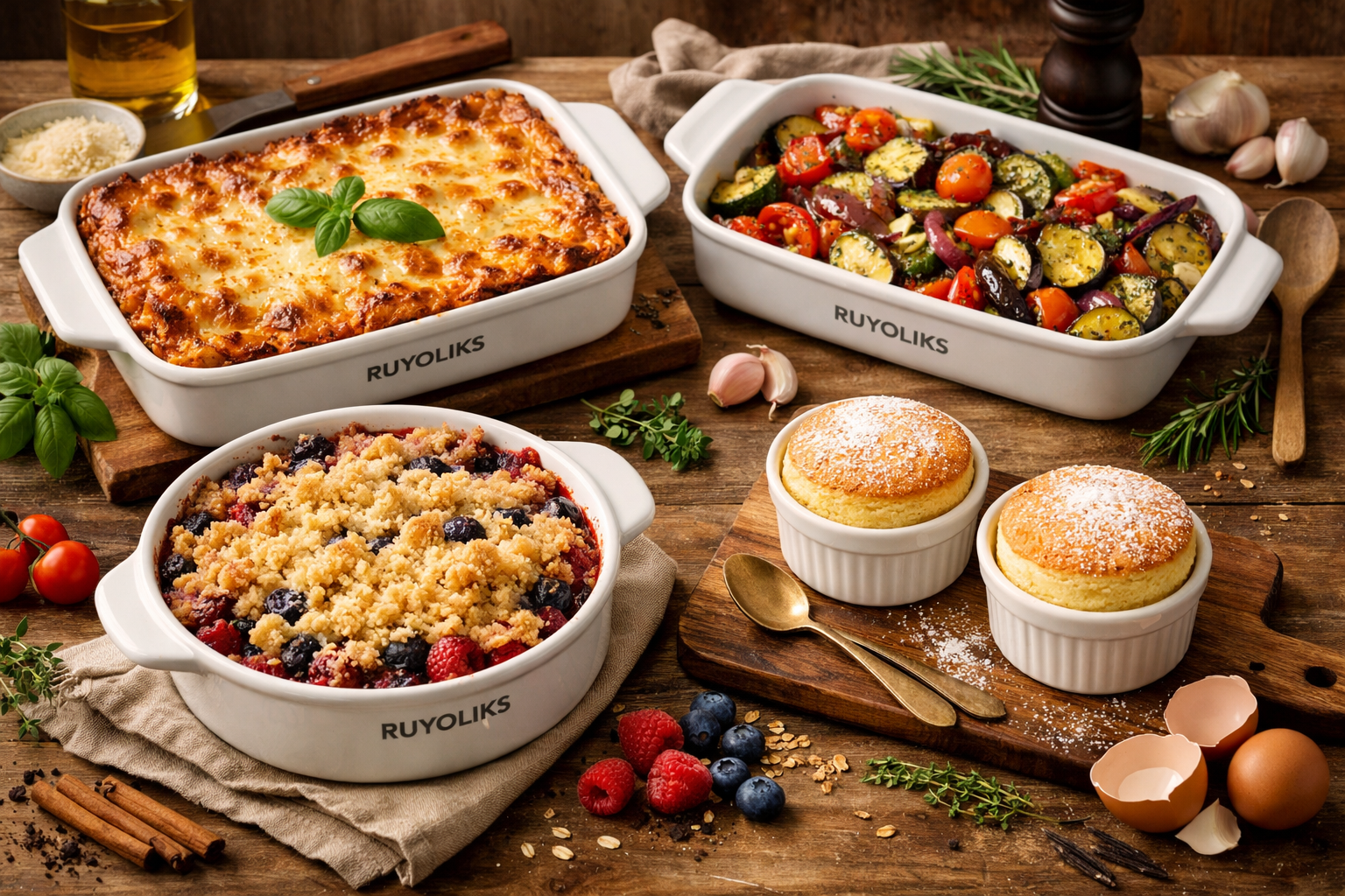 Editorial-style food photography featuring the RUYOLIKS Ceramic Bakeware Set with multiple diverse recipes prepared simultaneously: a golden