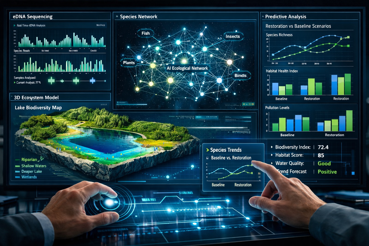 Detailed () image showing advanced AI-powered biodiversity monitoring dashboard on large screen display with multiple data