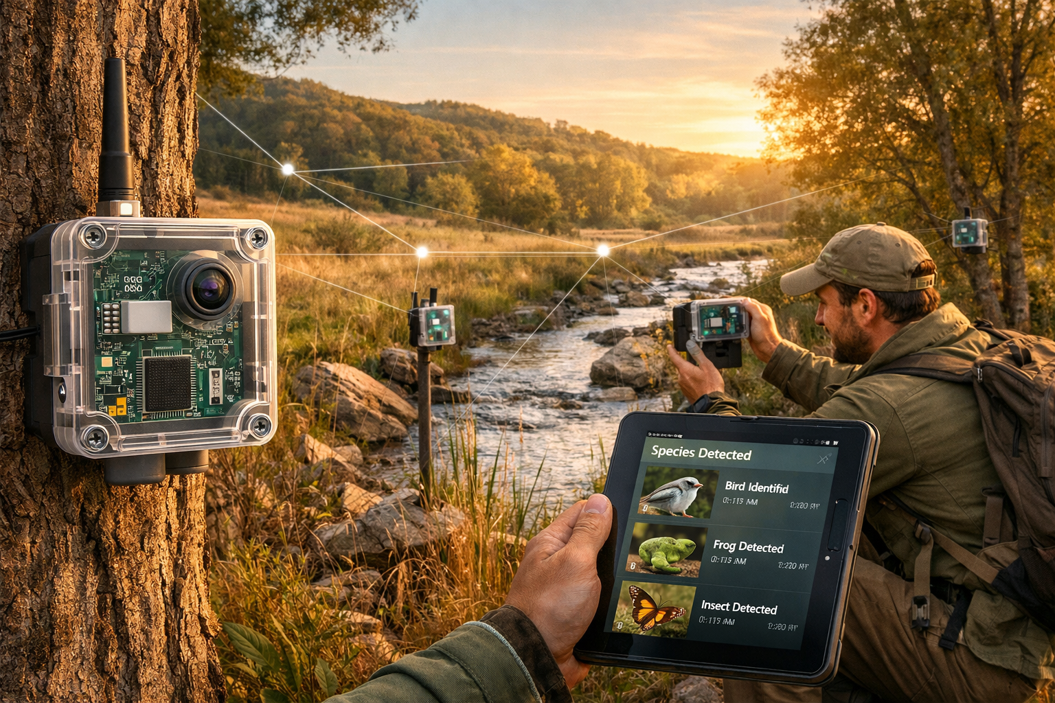 Detailed () image depicting field deployment scene of TinyML biodiversity sensors in diverse natural habitat: compact