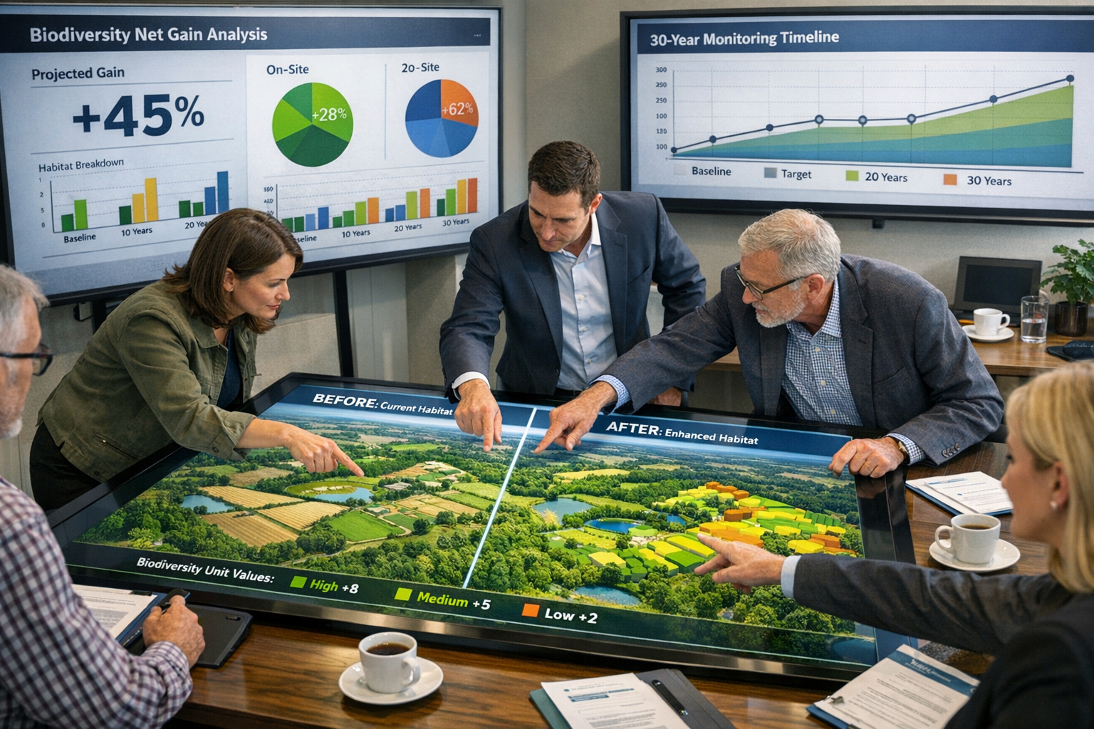 Detailed () image showing collaborative biodiversity net gain planning session: large interactive touch-screen table