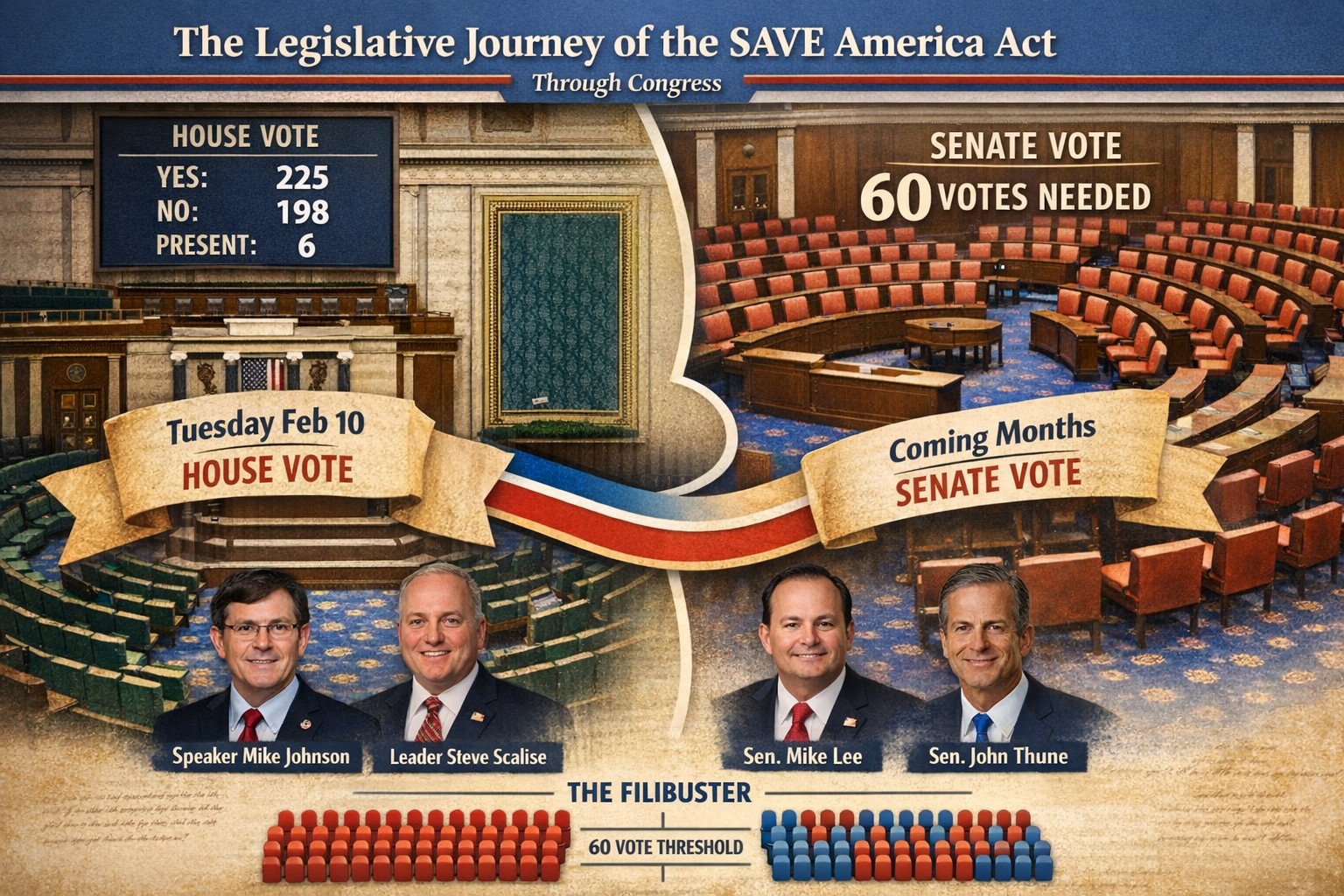 The SAVE America Act, up for a vote next week in the House, has been a rare rallying point for a divided GOP. 1 Detailed landscape format (1536x1024) infographic-style image showing the legislative journey of the SAVE America Act through Congress. Spli