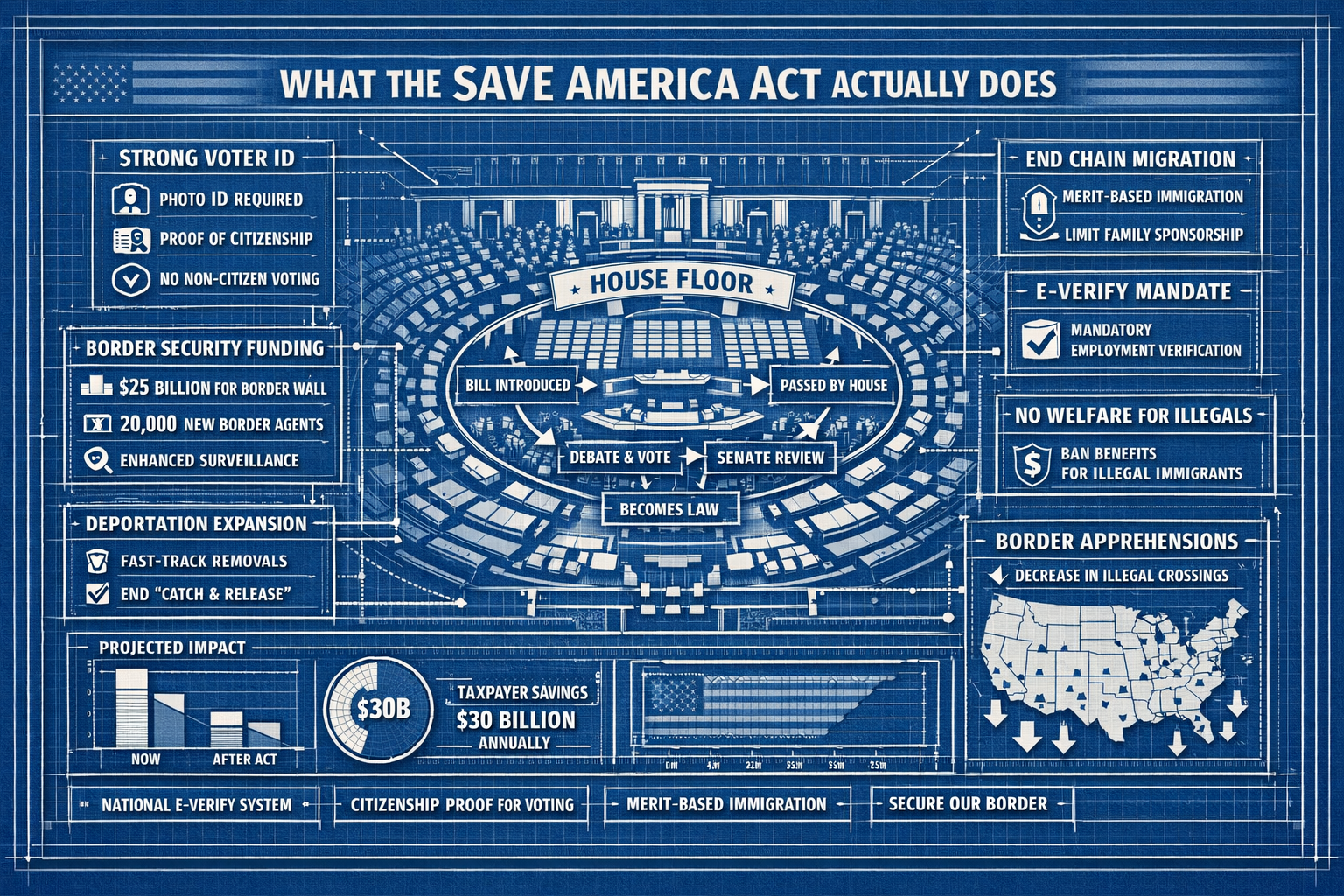 The SAVE America Act, up for a vote next week in the House, has been a rare rallying point for a divided GOP. 2 Detailed architectural blueprint-style infographic visualizing 'What the SAVE America Act Actually Does', featuring technical schematic layo
