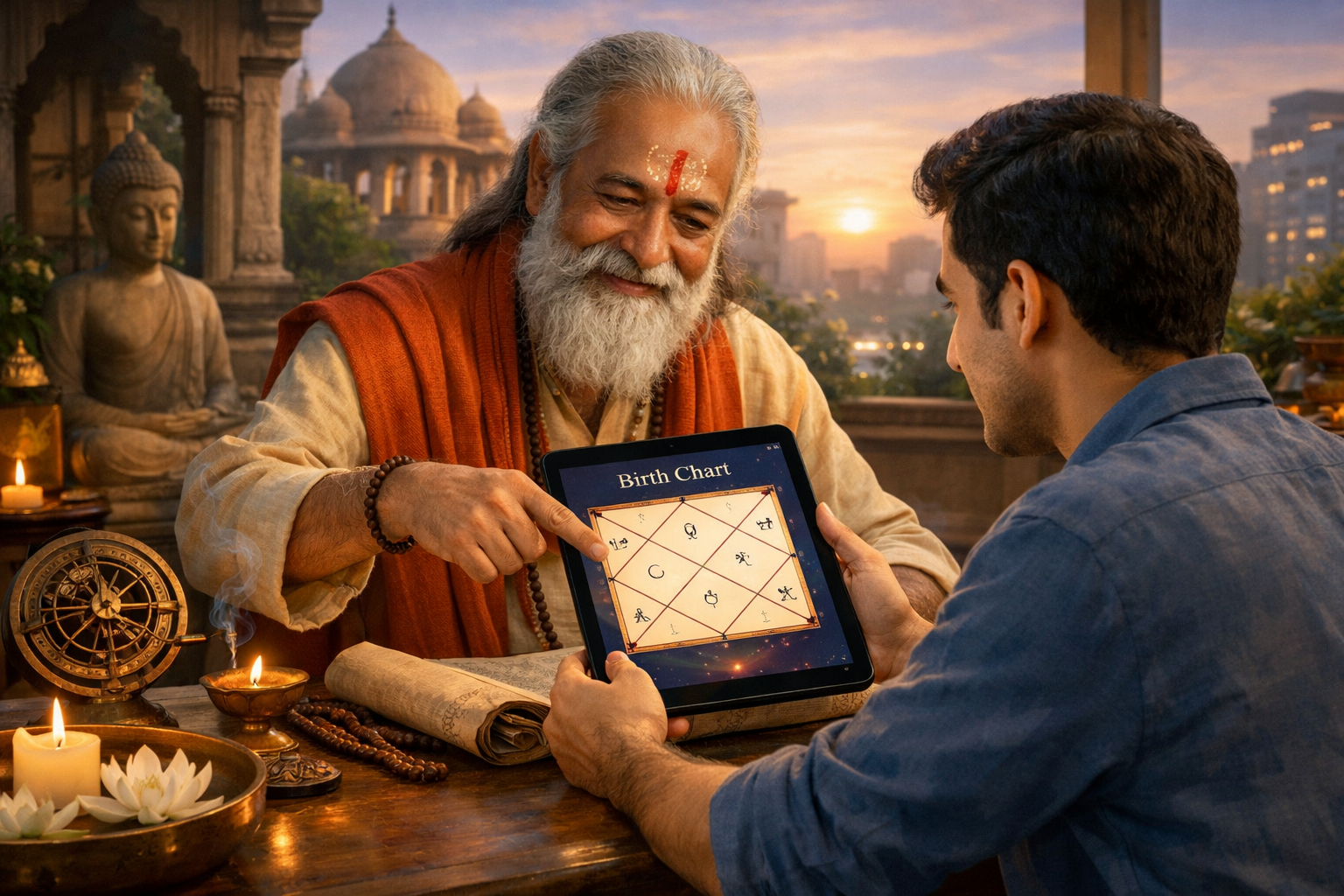 Do not write in Hindi on the images. Always write in English only. A serene landscape format (1536x1024) image featuring a wise, empathetic 