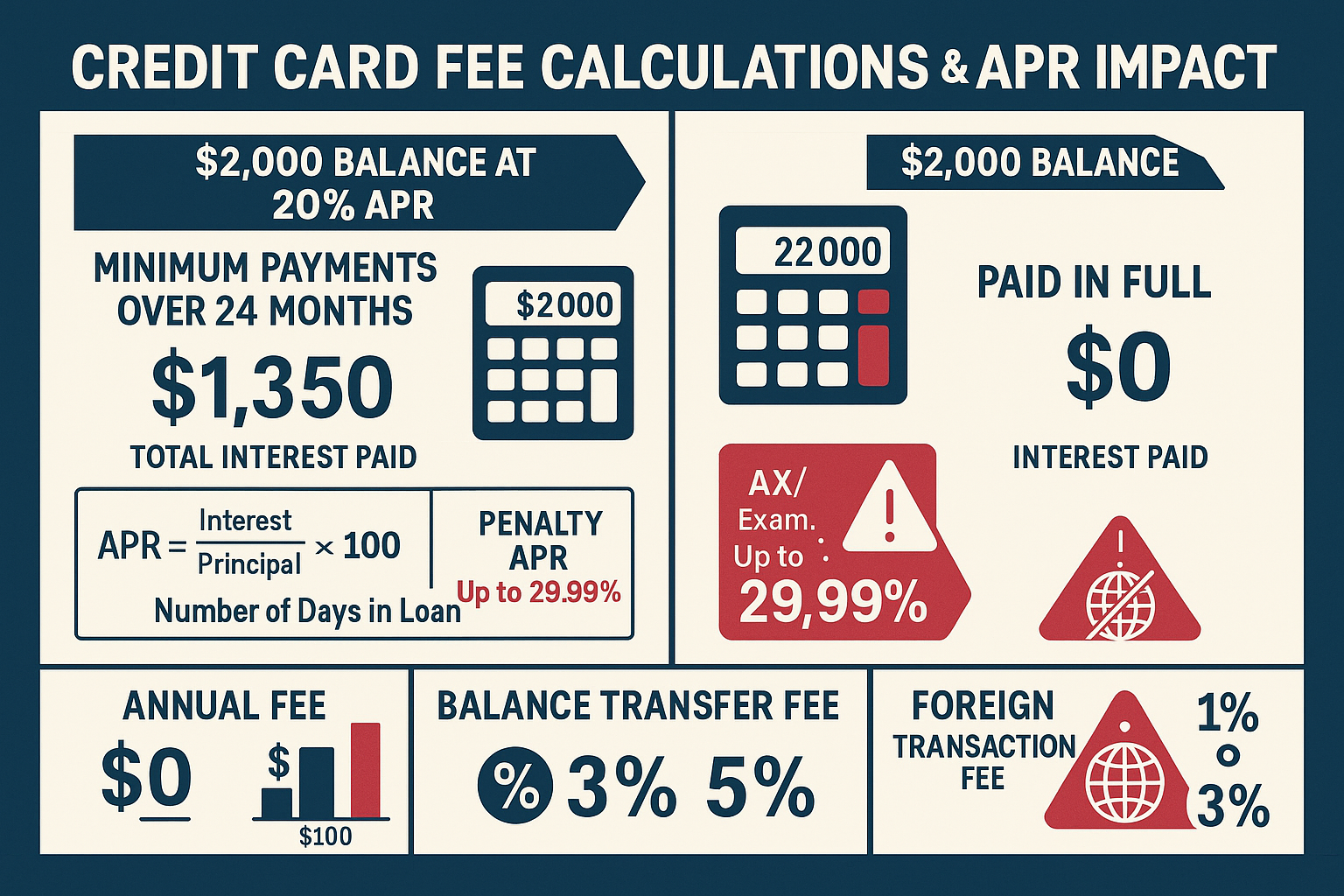 Detailed mathematical breakdown visualization (1536x1024) showing credit card fee calculations and APR impact. Split-screen comparison of tw