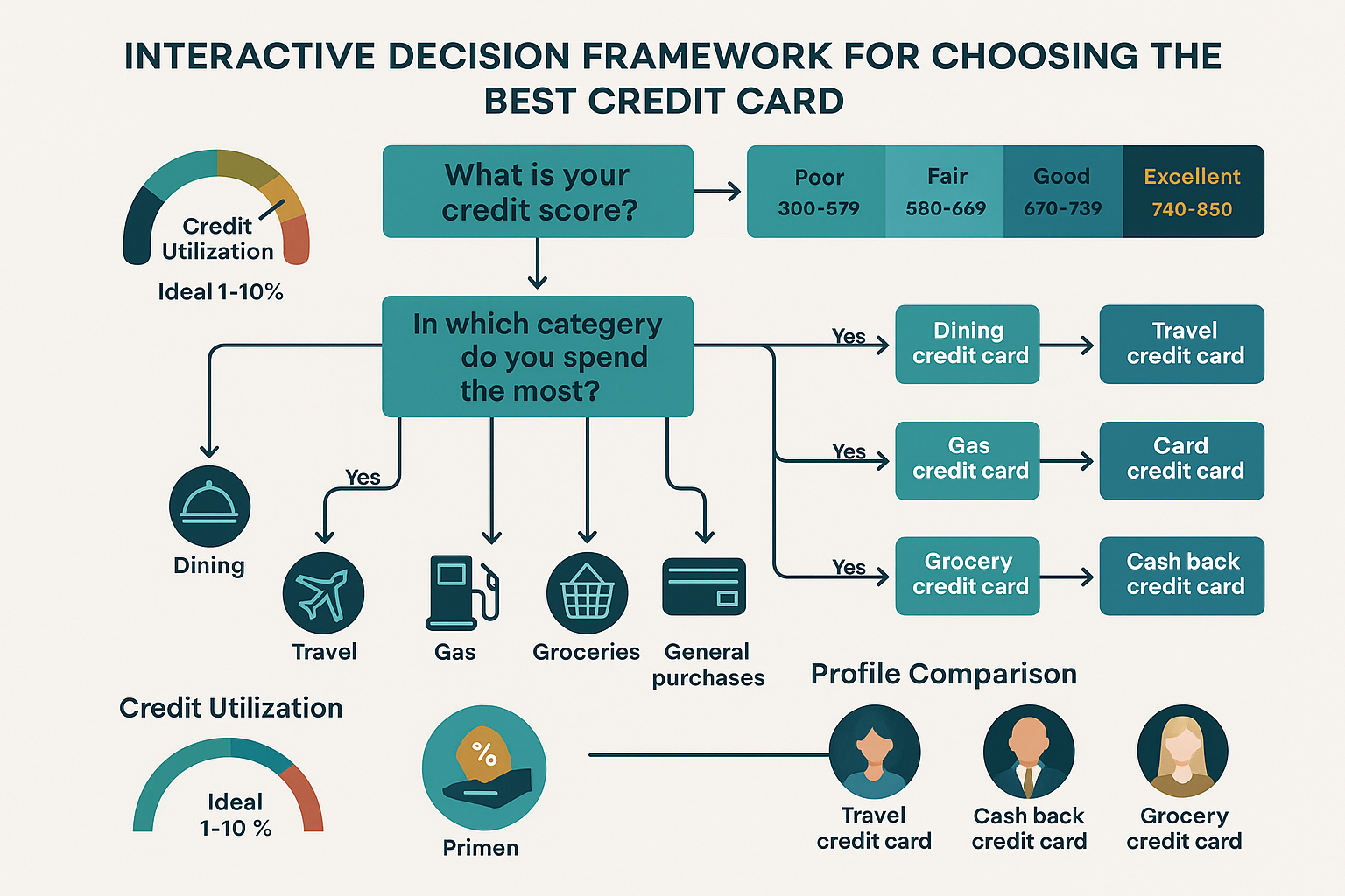 Interactive decision framework flowchart (1536x1024) for choosing the best credit card based on spending habits and financial goals. Visual 