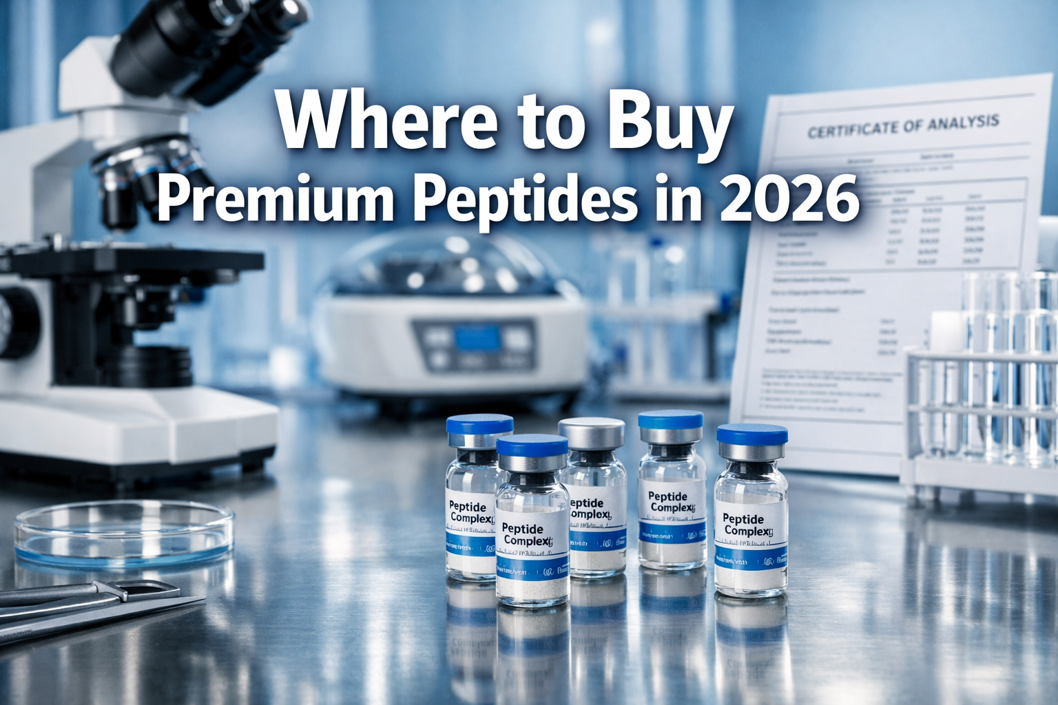 Professional landscape format (1536x1024) hero image featuring bold text overlay 'Where to Buy Premium Peptides in 2026' in extra large 72pt