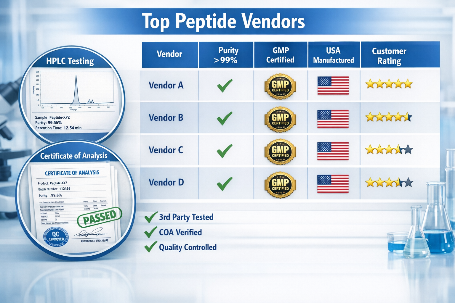 Landscape format (1536x1024) image showing comparison chart of top peptide vendors with columns for purity levels (>99%), GMP certification 