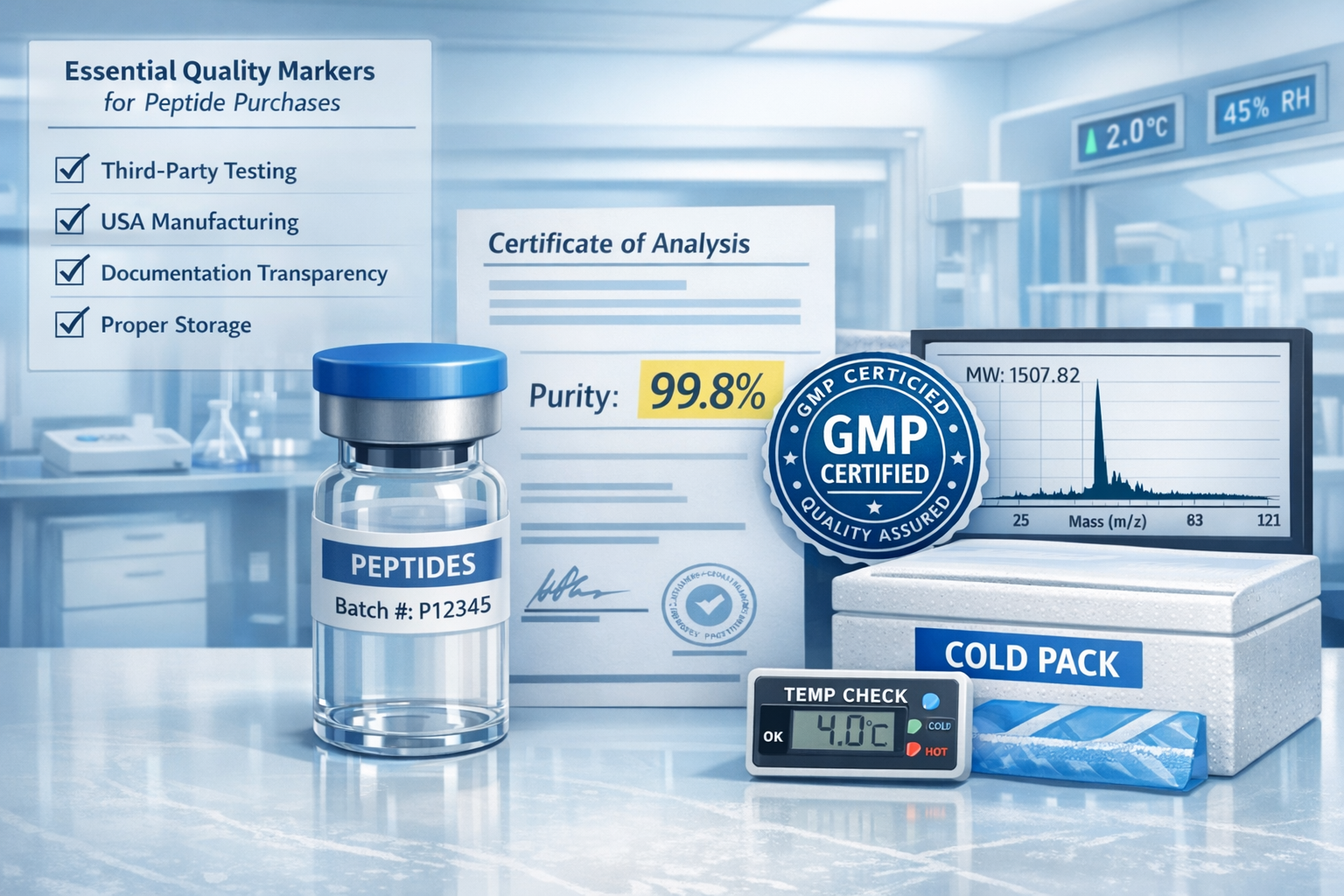 Landscape format (1536x1024) detailed illustration of essential quality markers for peptide purchases including close-up of peptide vial wit