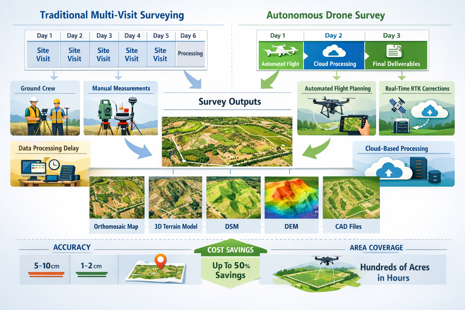 Detailed landscape format (1536x1024) infographic showing side-by-side comparison of traditional multi-visit surveying workflow versus auton