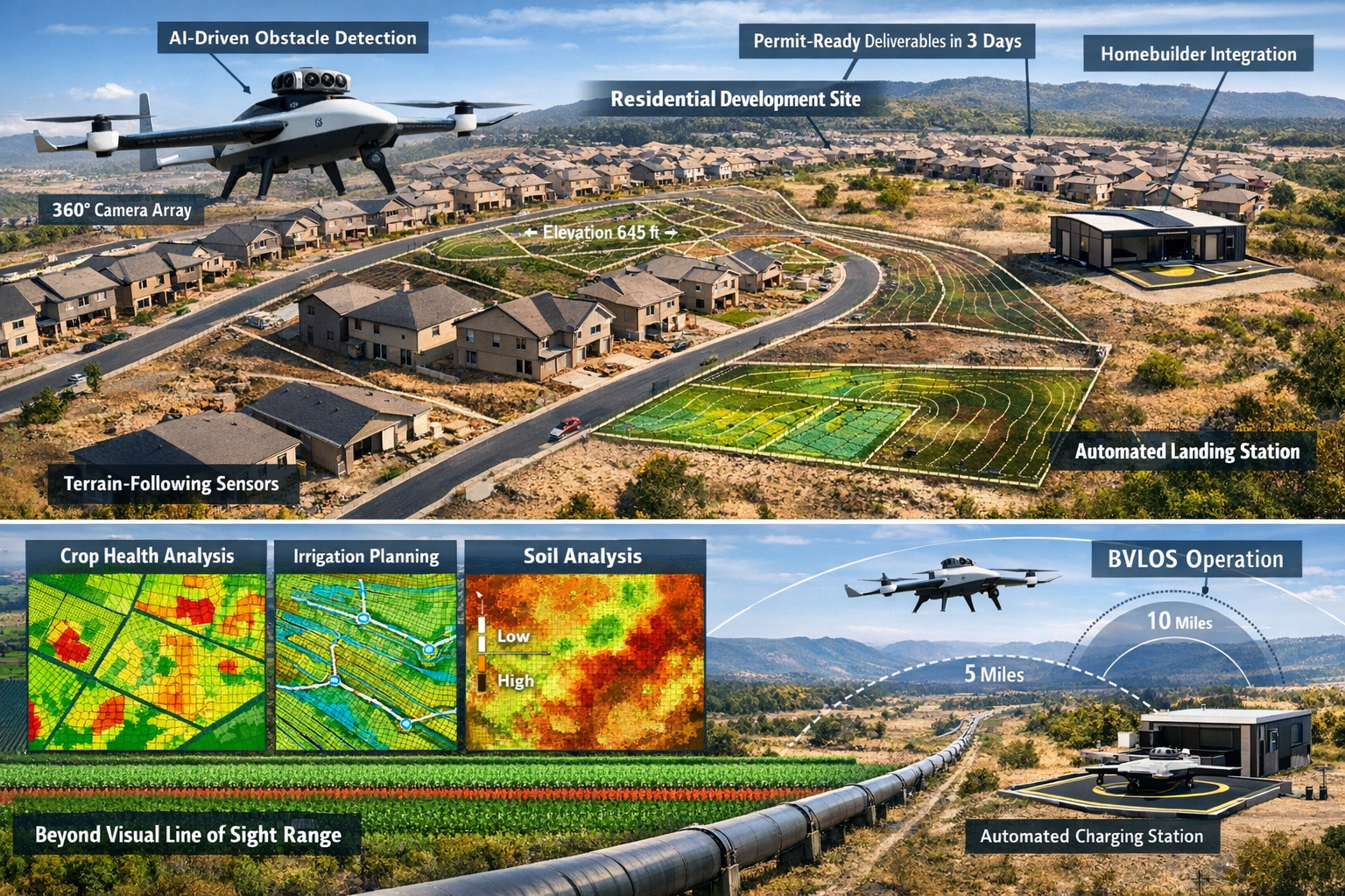 Detailed landscape format (1536x1024) composite image showing real-world 2026 case study applications of autonomous surveying drones. Top se
