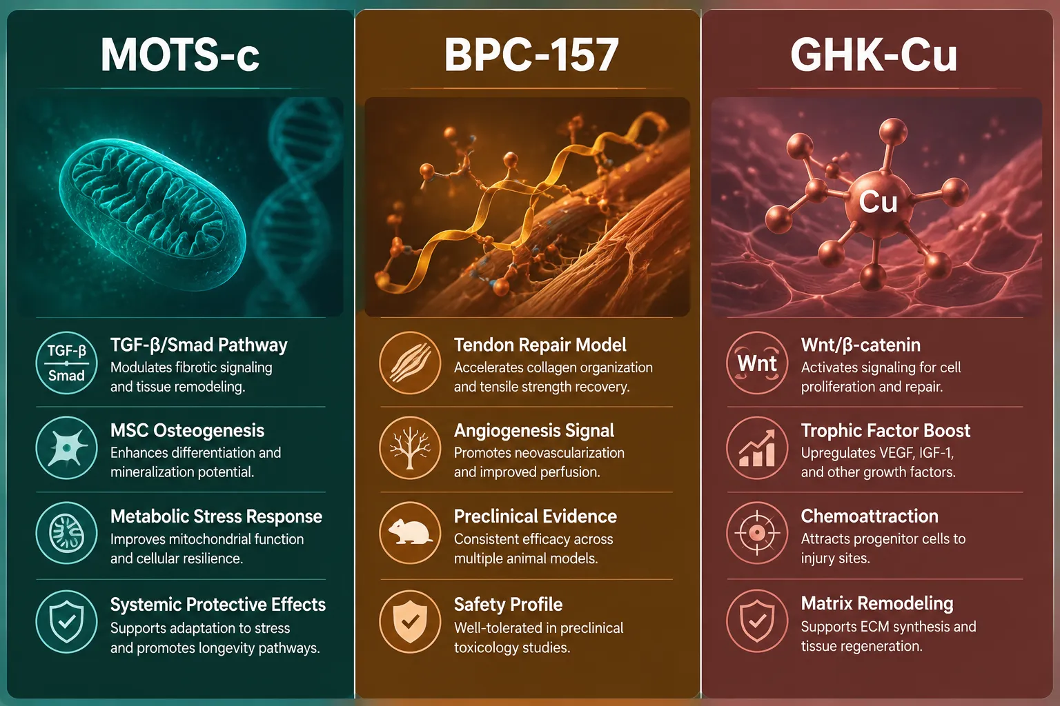 MOTS-c, BPC-157, and GHK-Cu: Distinct Roles in Regenerative Research