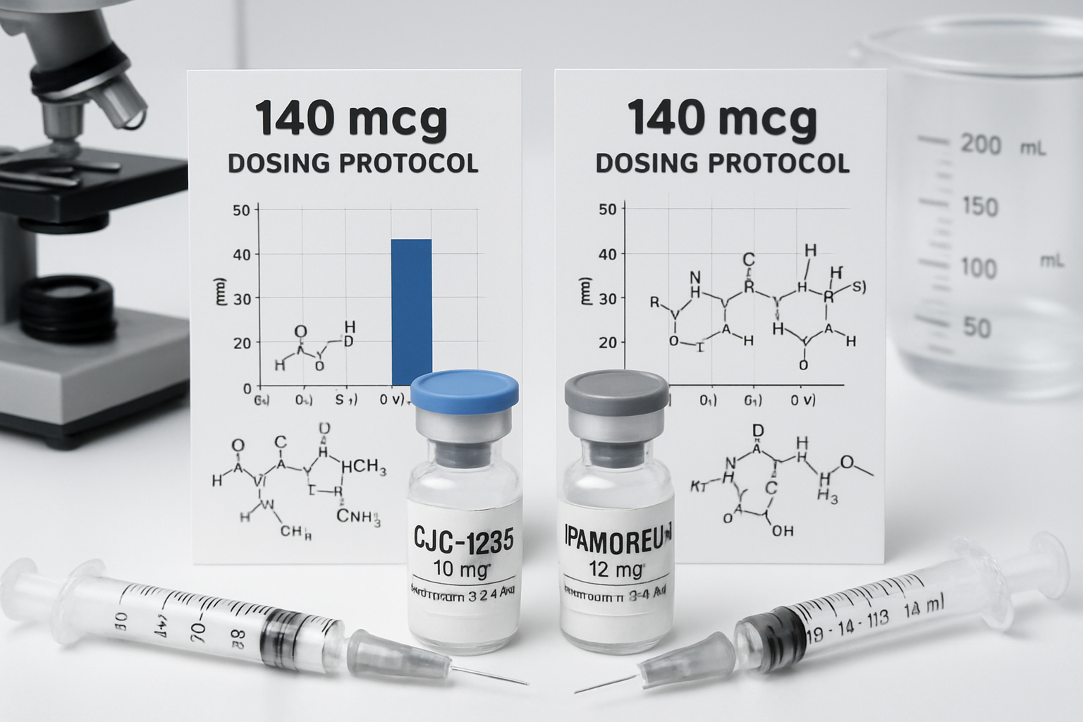 Laboratory research setup showing CJC-1295 and Ipamorelin peptide vials with precise measurement syringes, scientific dosing charts displayi