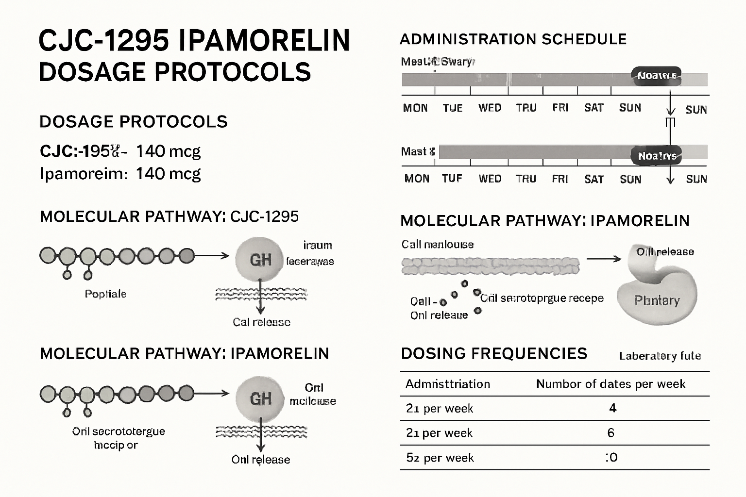 Scientific infographic displaying CJC-1295 Ipamorelin dosage protocols with 140 mcg measurements, research timeline charts showing administr