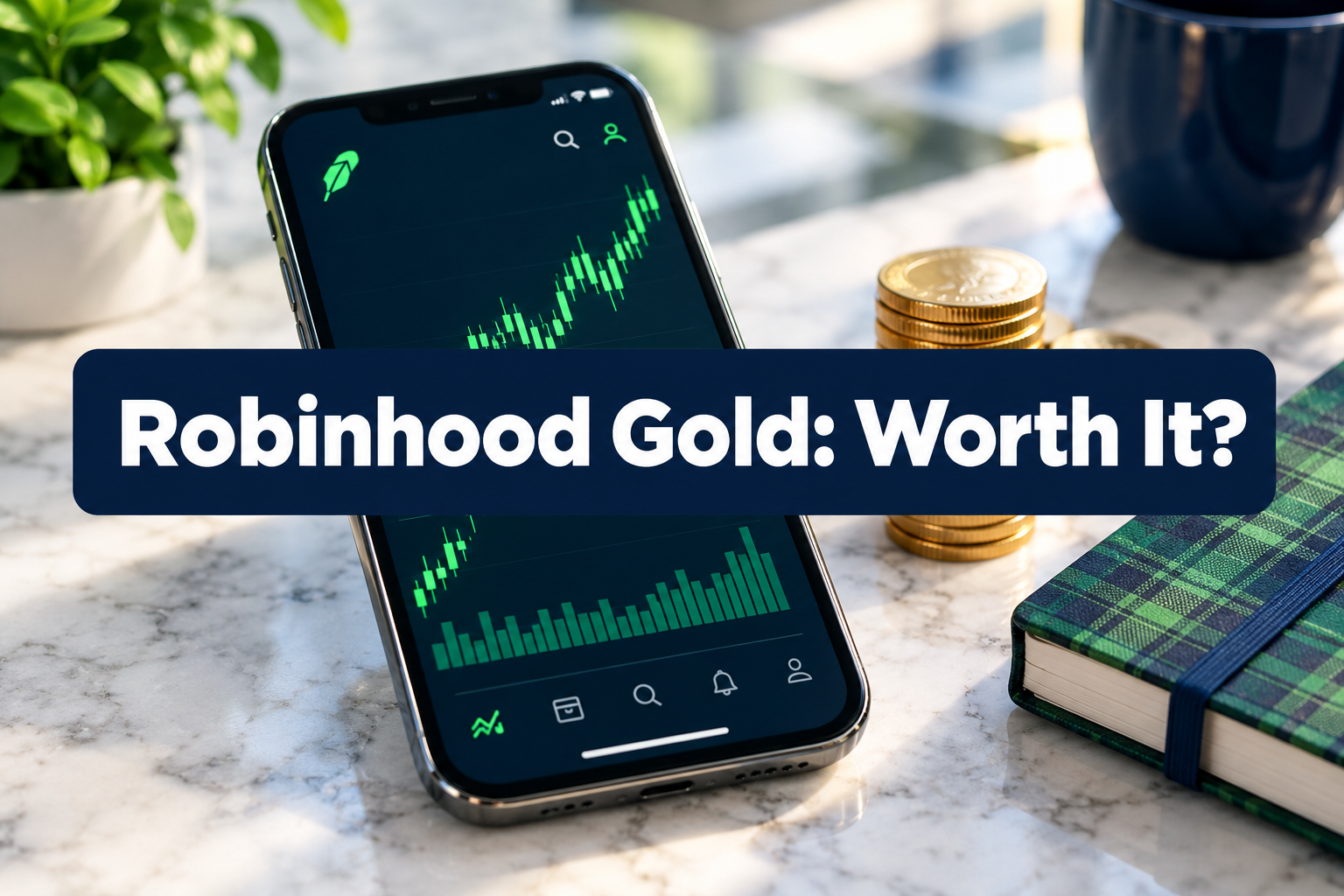 Professional () hero image with SHORT (≤42 chars): 'Robinhood Gold: Worth It?', white on a dark navy high-contrast panel,