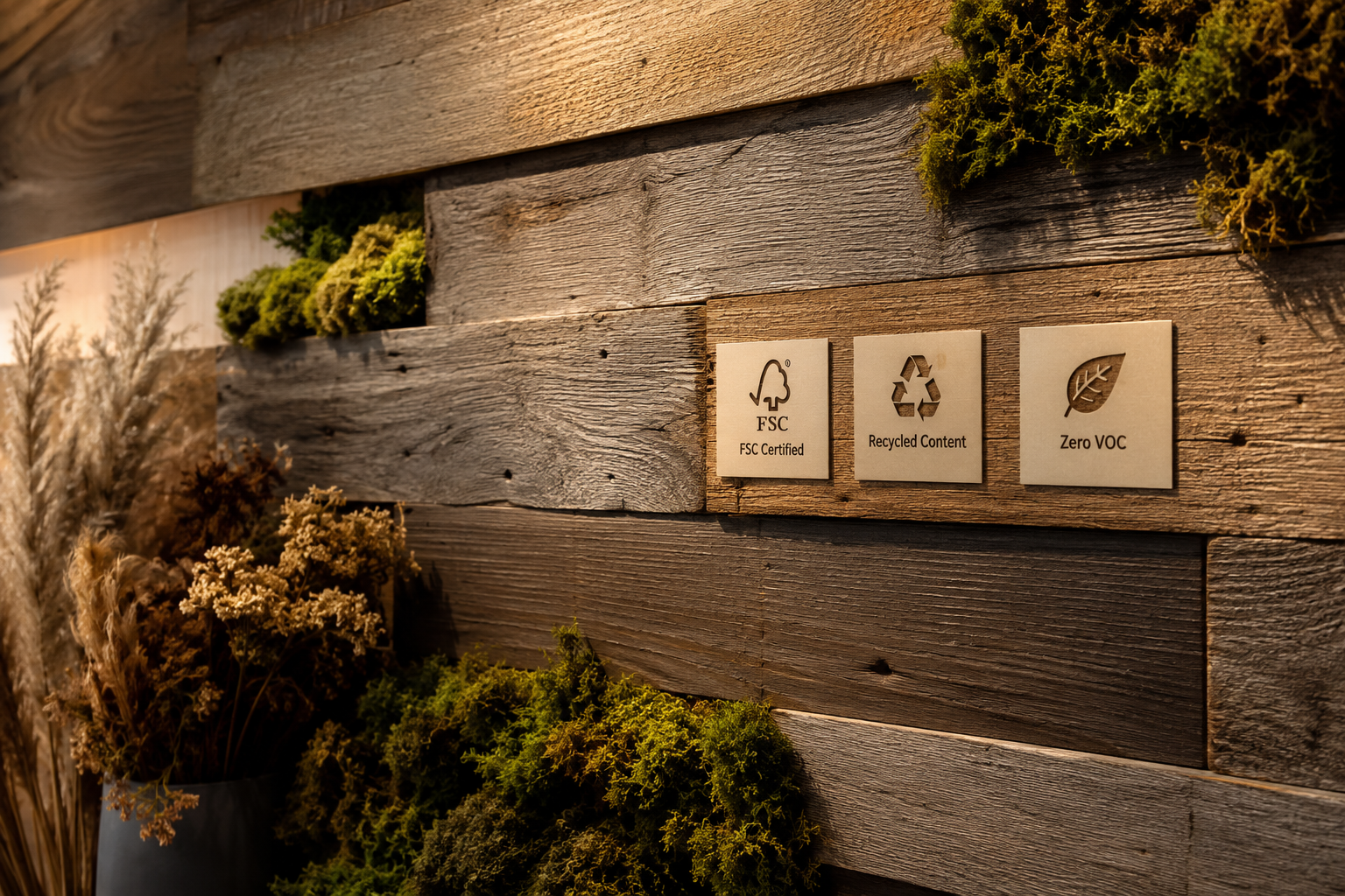 () close-up detail shot of reclaimed wood textured wall panels with natural grain and earth-tone finishes — warm walnut,