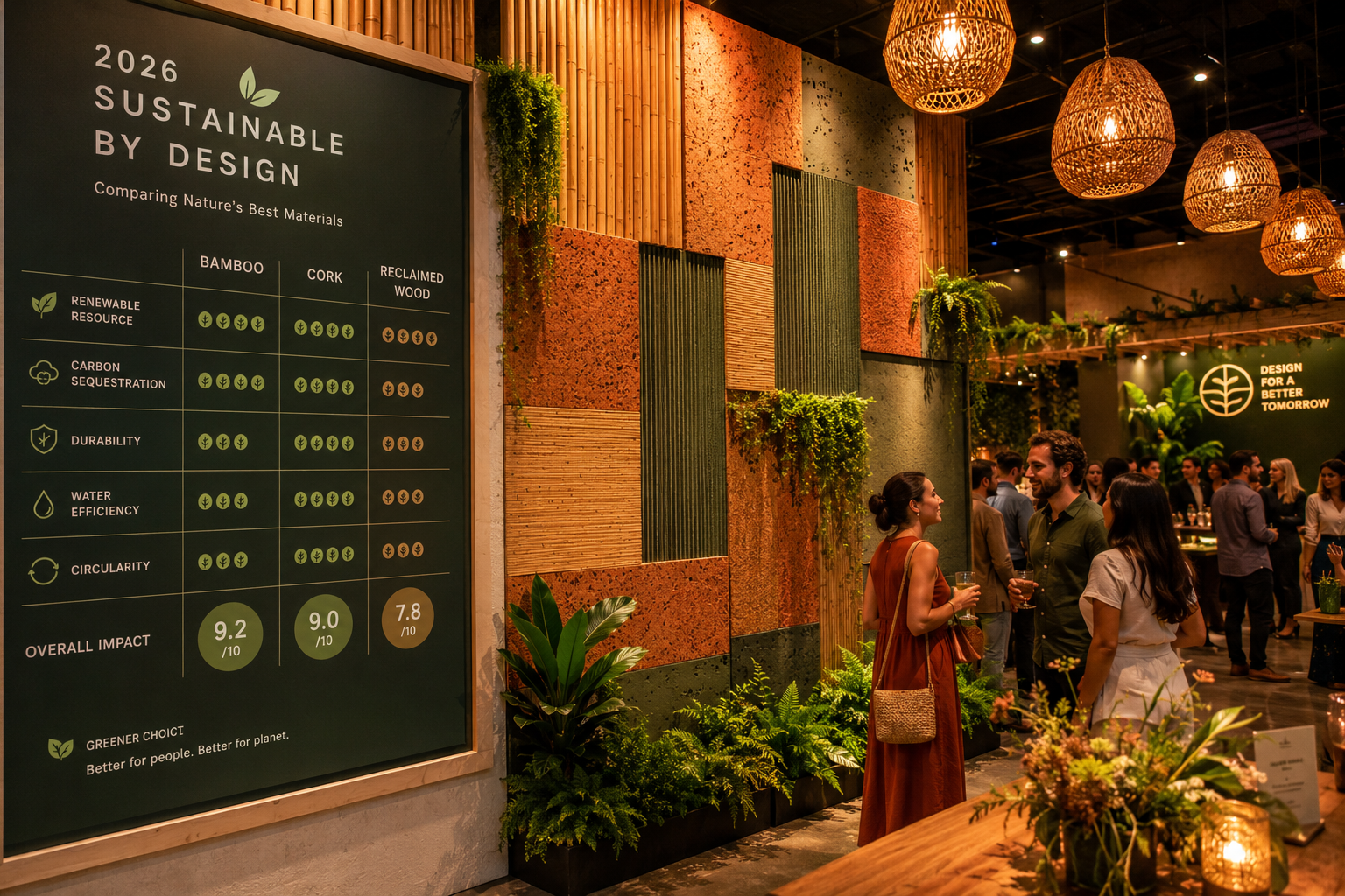 () wide-angle shot of a 2026 eco-friendly party setup featuring a dramatic feature wall made of layered sustainable textured