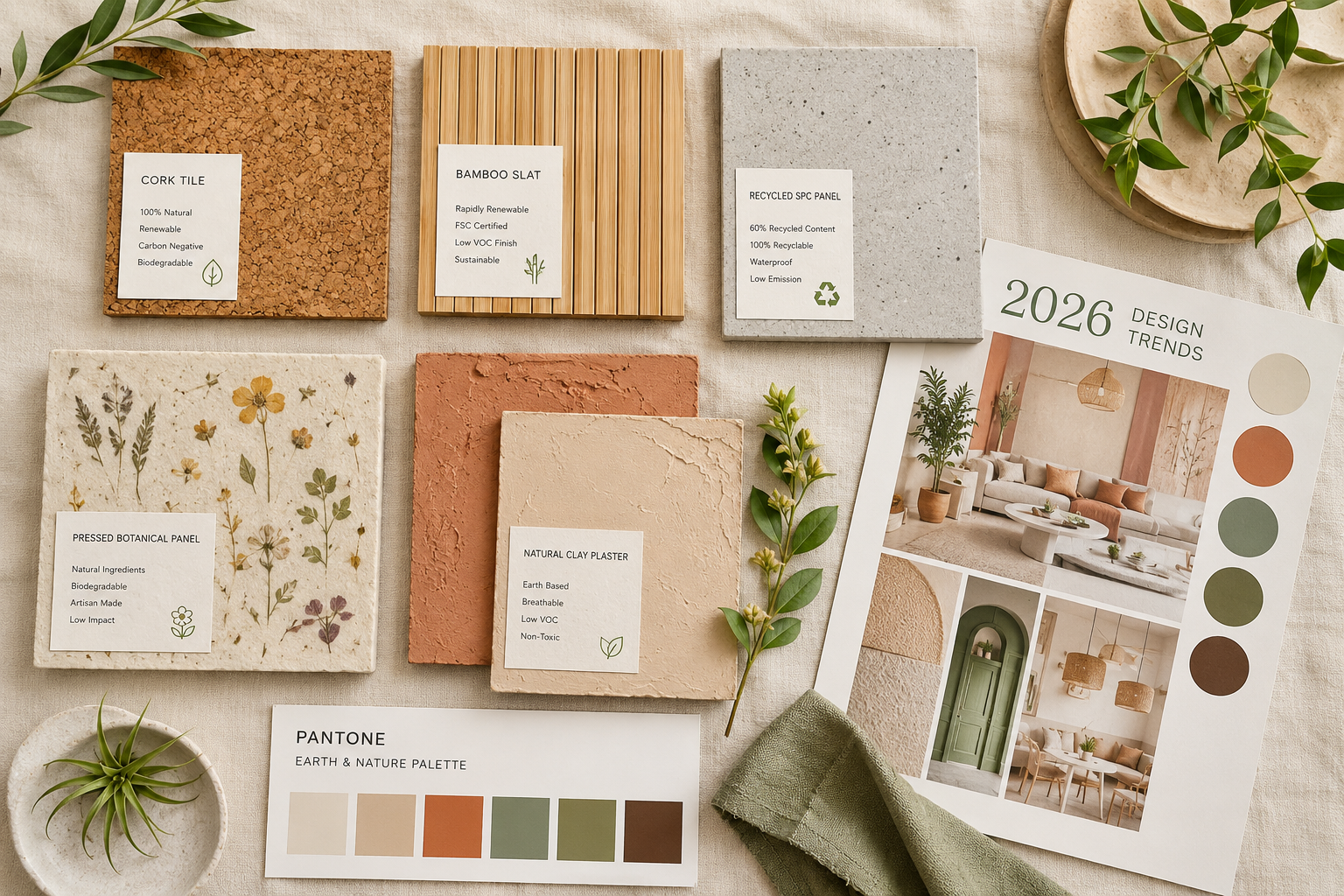 () flat-lay overhead composition showing sustainable wall panel material samples arranged artfully on a natural linen