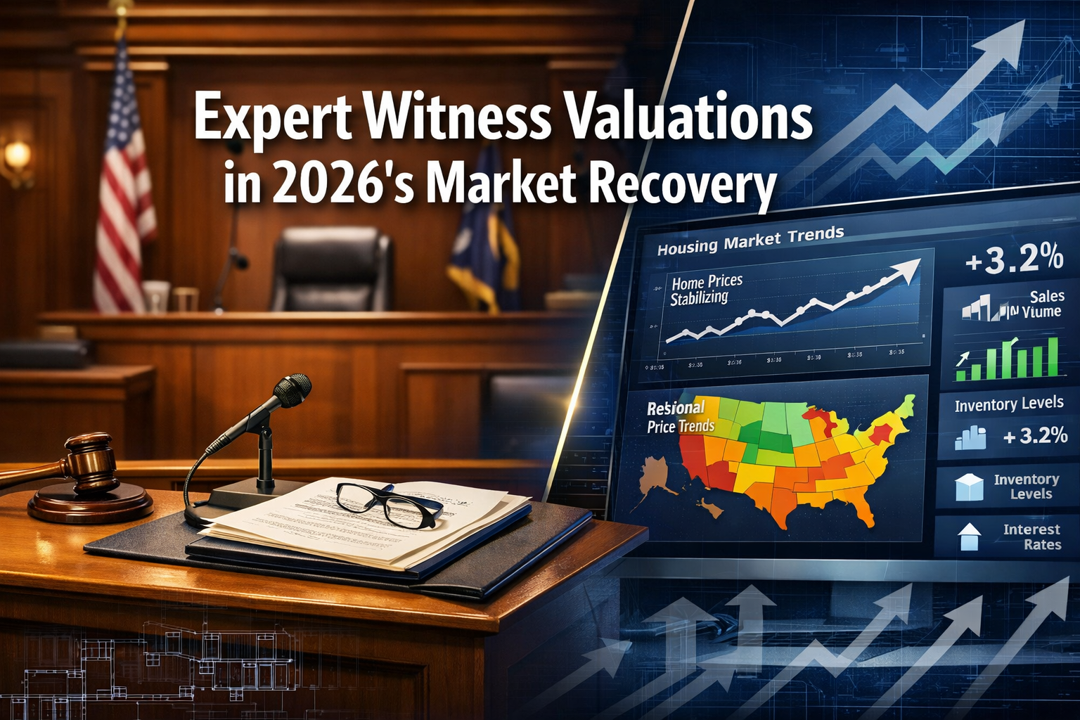 Professional () hero image featuring 'Expert Witness Valuations in 2026's Market Recovery' in extra large white with dark ,