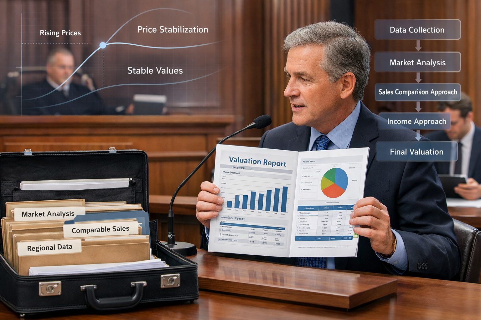 Detailed () image showing professional courtroom scene with expert witness testifying at stand, holding comprehensive