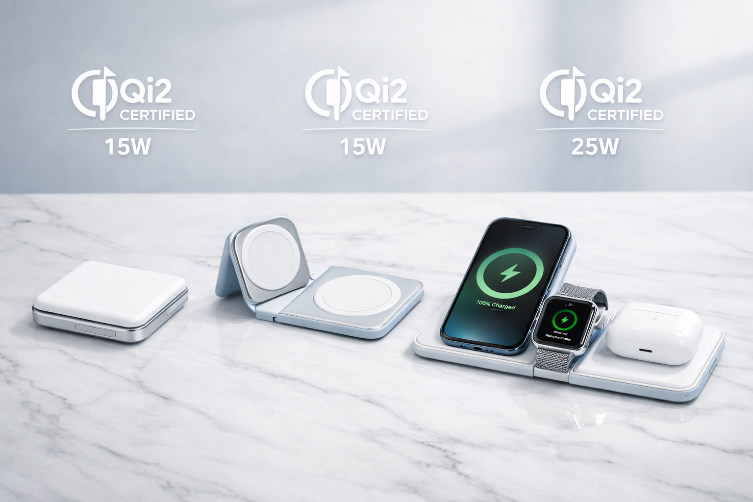 Detailed landscape format (1536x1024) editorial photograph showing a close-up comparison of three different 3 in 1 foldable wireless charger