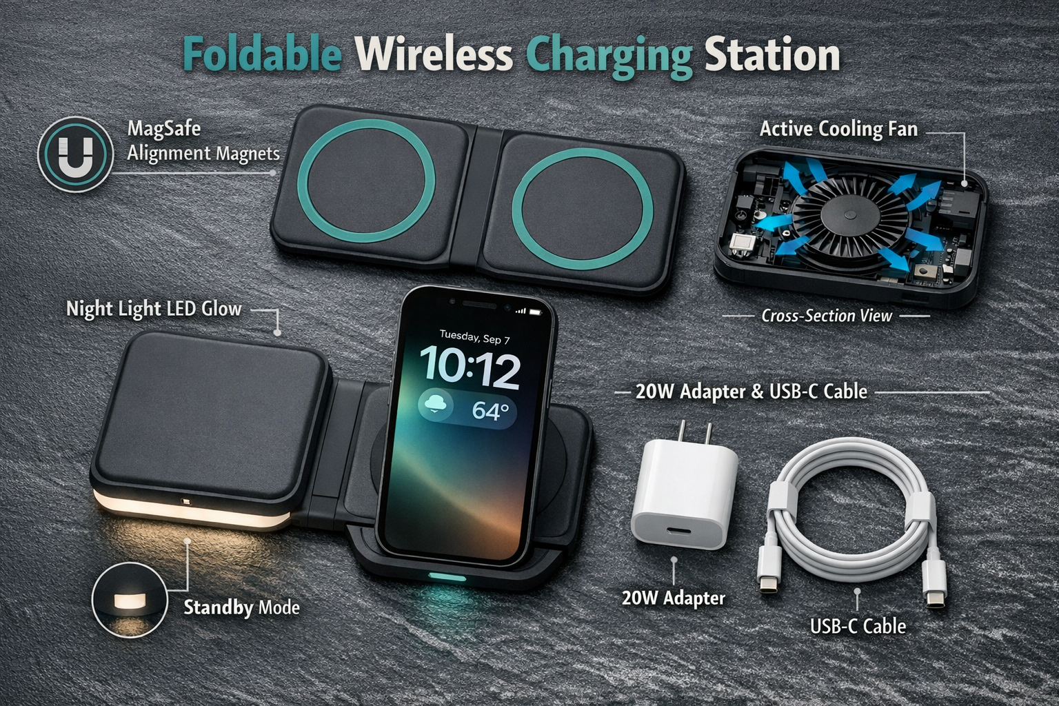 Detailed landscape format (1536x1024) infographic-style editorial image showing the key features of a foldable wireless charging station, vi