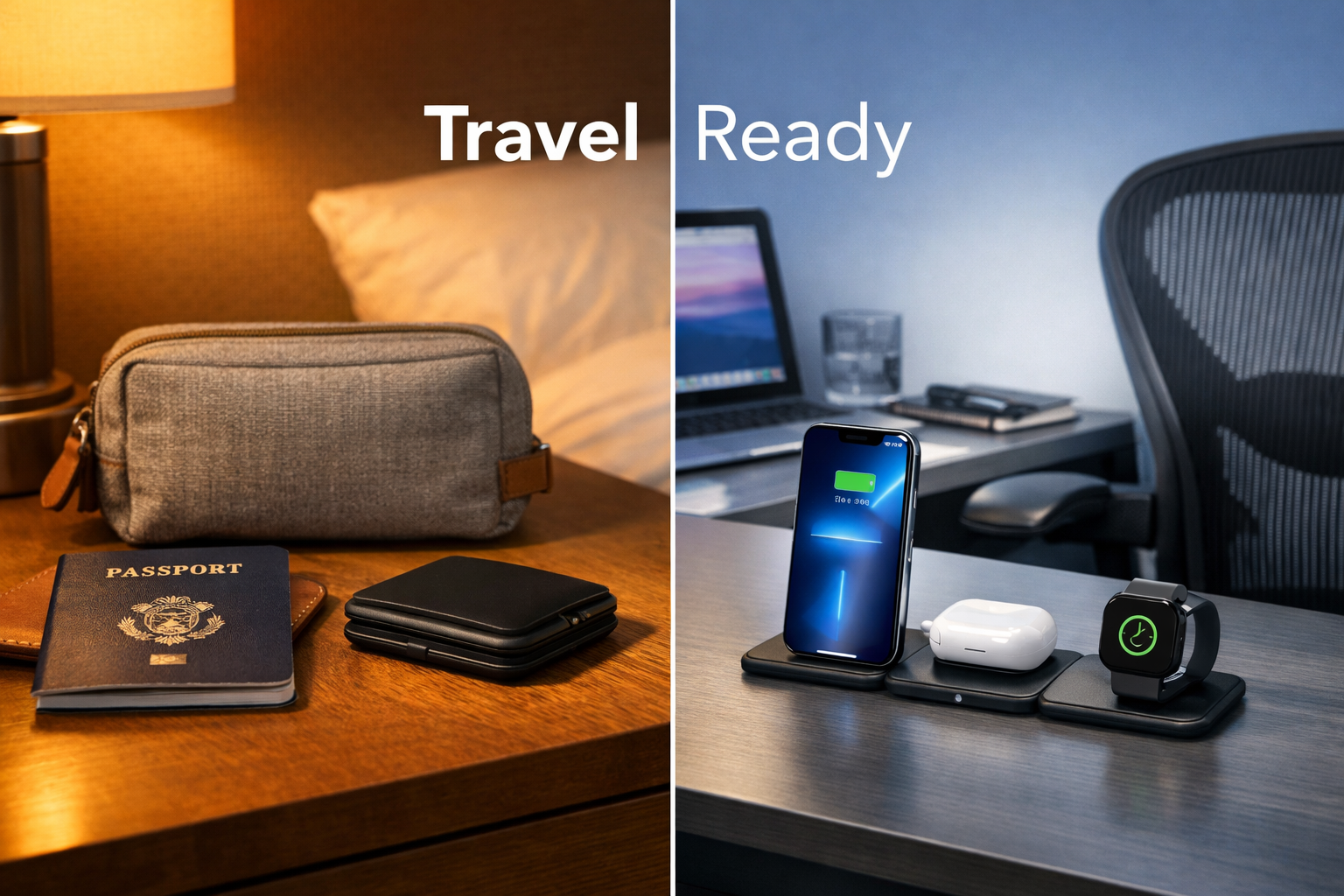 Detailed landscape format (1536x1024) lifestyle editorial photograph showing a traveler's hotel nightstand with a compact folded 3 in 1 wire