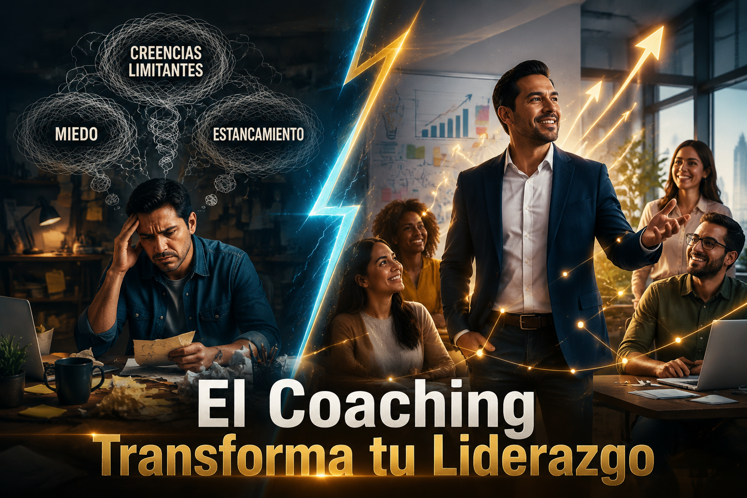 ¿Necesito coaching para mi liderazgo empresarial? La guía completa para saberlo en 2026 2 () editorial illustration showing a split-scene composition: on the left, a frustrated Hispanic entrepreneur alone at a