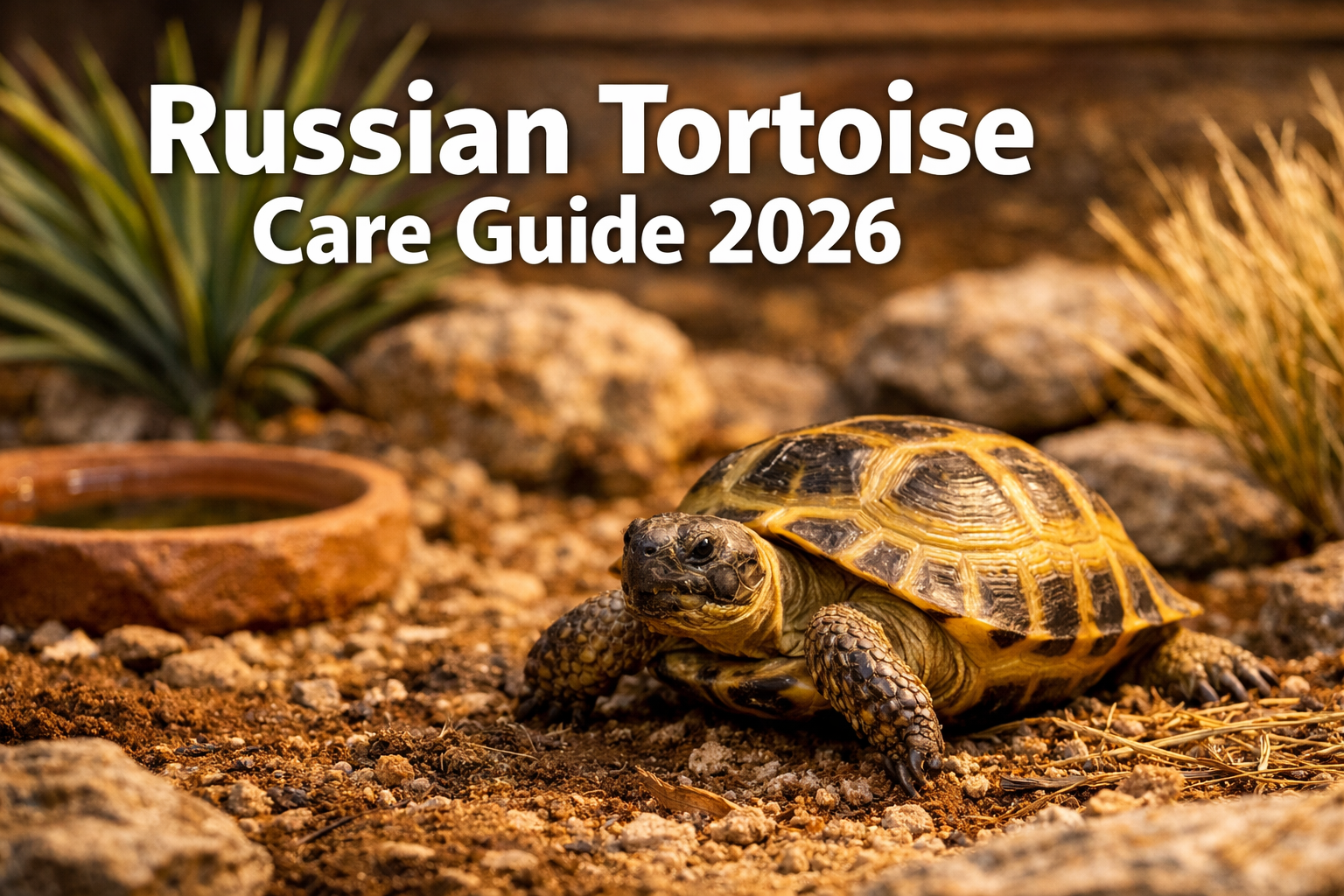 Professional landscape hero image (1536x1024) featuring bold text overlay 'Russian Tortoise Care Guide 2026' in extra large 72pt white sans-
