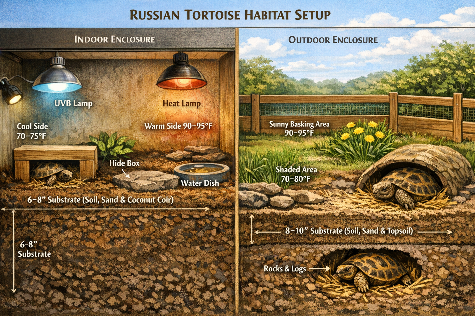 Russian tortoise habitat setup cross-section showing both indoor and outdoor enclosure options with proper substrate depth, hide boxes, wate