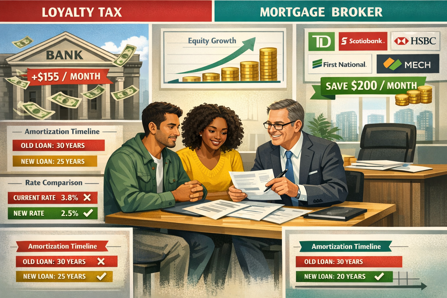 Detailed landscape format (1536x1024) illustration depicting refinancing strategies for first-time homebuyers in Toronto. Split-screen compo