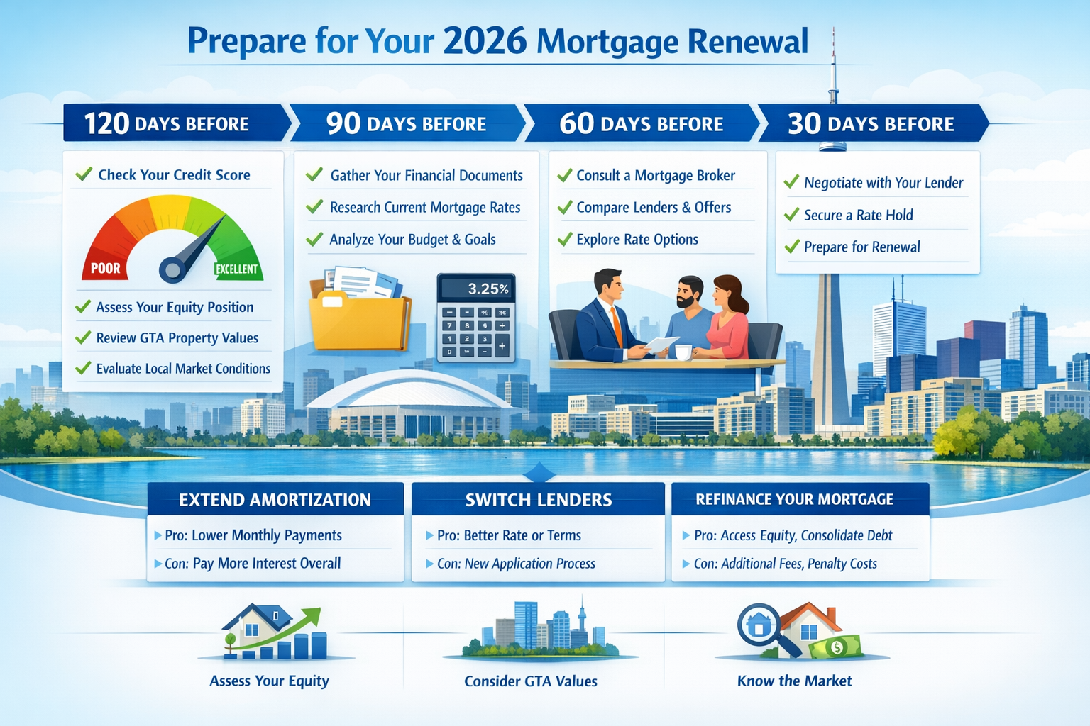 Detailed landscape format (1536x1024) actionable roadmap infographic for 2026 mortgage renewal preparation. Timeline design showing 120-90-6