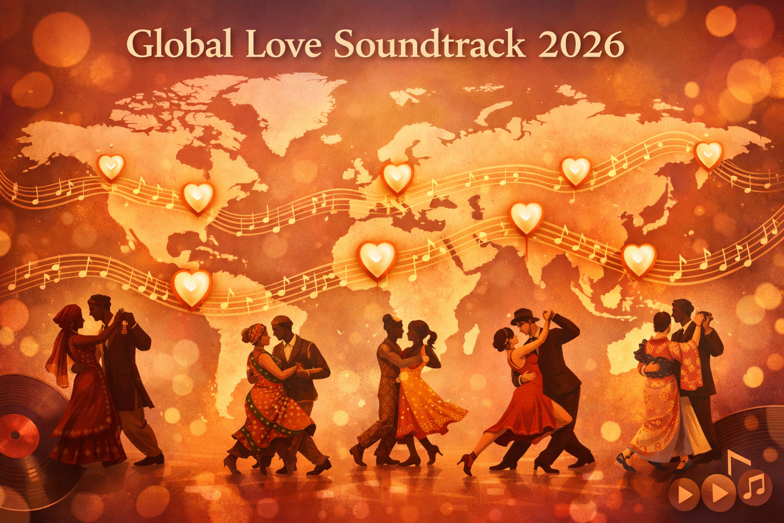 Landscape format (1536x1024) editorial illustration showing a stylized world map with glowing heart pins marking different countries, connec
