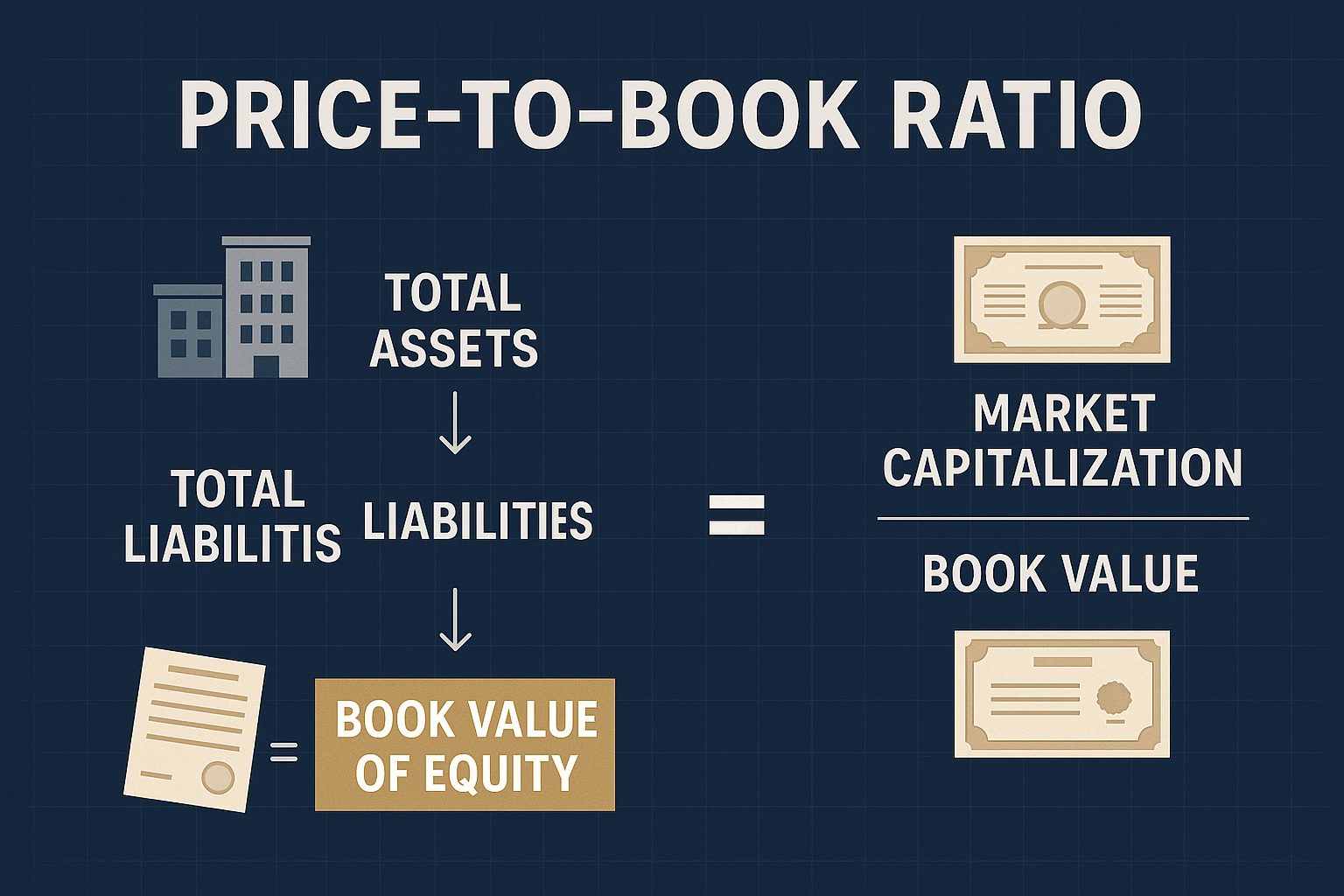 Detailed infographic illustration (1536x1024) showing the Price-to-Book Ratio formula breakdown in landscape format. Split-screen design wit