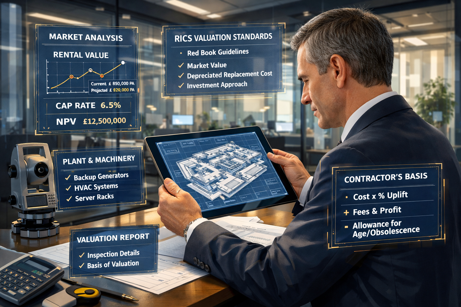 () detailed illustration showing professional surveyor in business attire examining large architectural blueprints of data