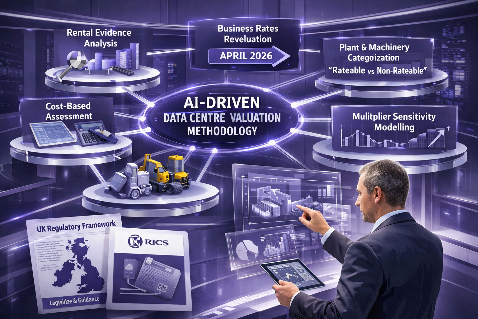 () conceptual illustration of AI-driven data centre valuation methodology showing three-dimensional flowchart with