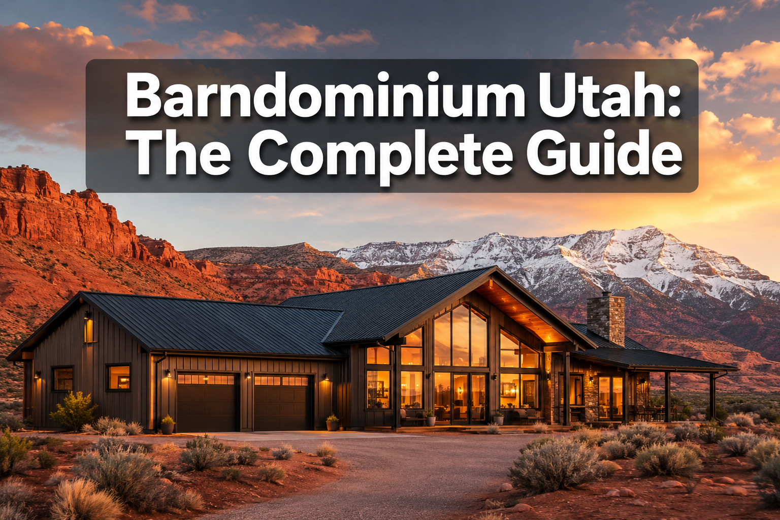 Professional () hero image with : 'Barndominium Utah: The Complete Guide' in extra large white with dark semi-transparent