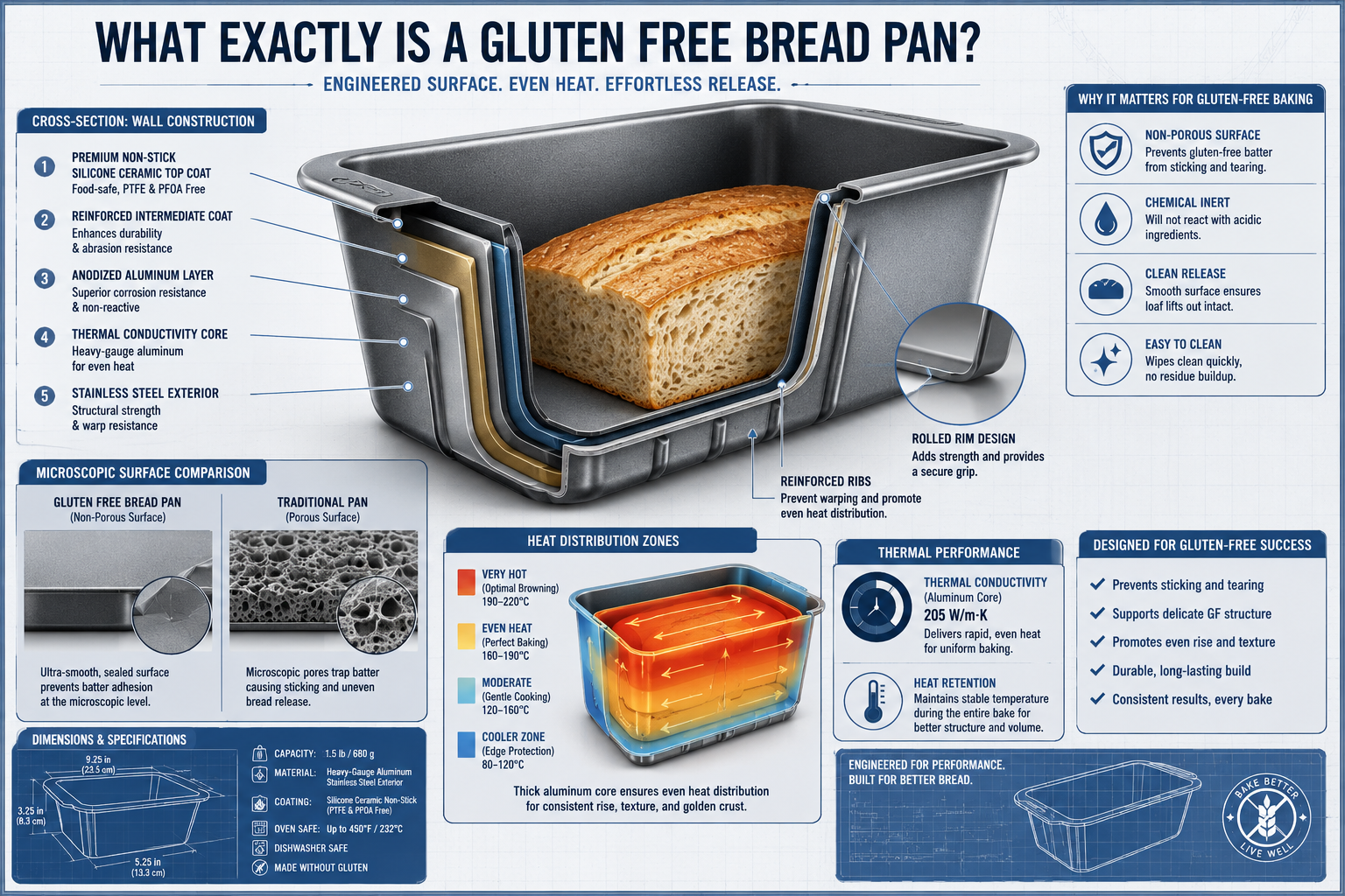 Gluten Free Bread Pan Technical cutaway diagram illustrating 'What Exactly Is a Gluten Free Bread Pan' with cross-section view revealing internal pan construction. Show material composition, non-stick coating layers, heat distribution zones. Use scientific illustration style with precision lines, annotated details about pan's unique gluten-free design features. Color scheme of metallic silvers, muted blues, and technical blueprint gray. Include microscopic texture representations showing non-porosity and smooth surface. Add callout boxes explaining thermal conductivity and bread release properties.