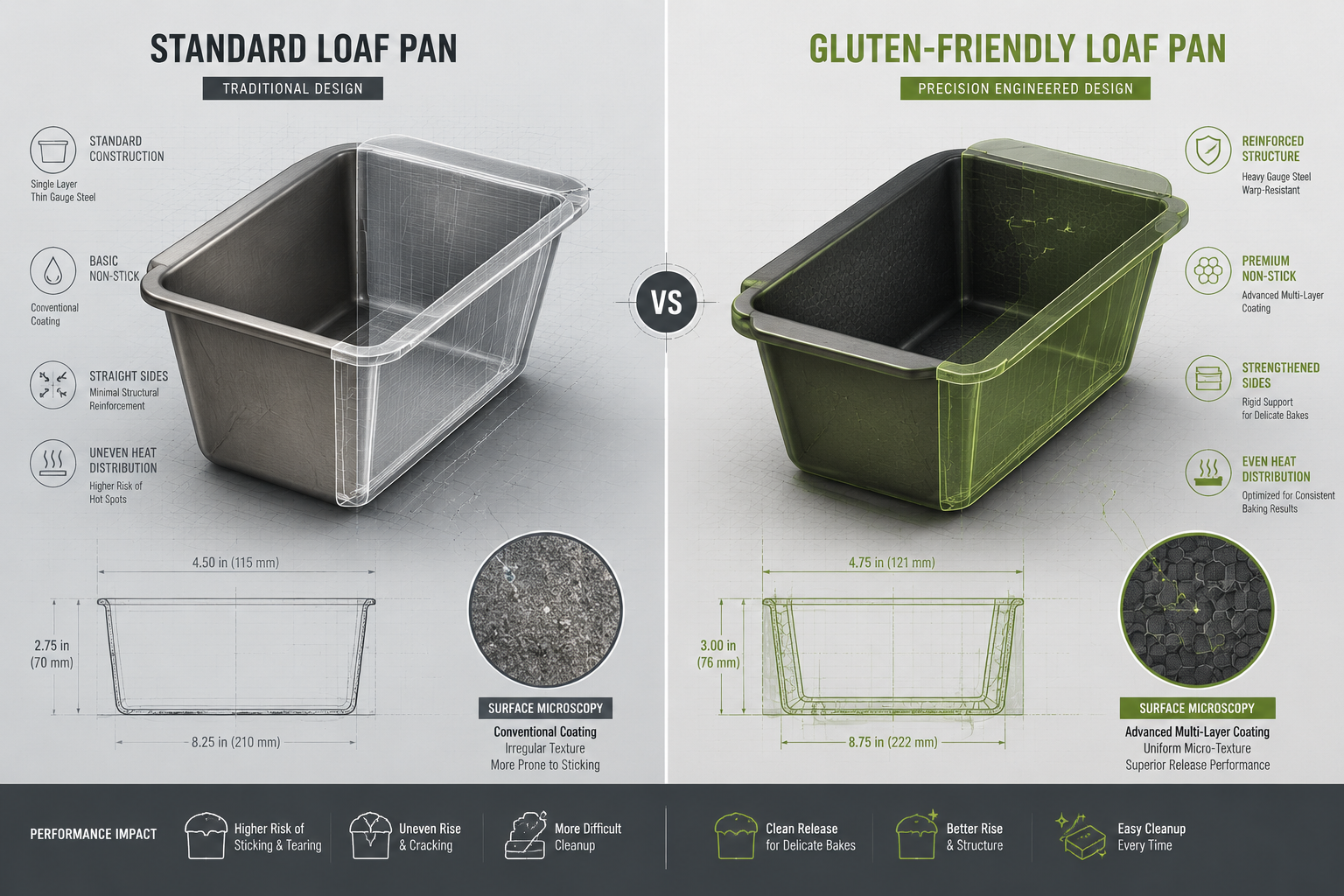 Gluten Free Bread Pan Comparative visual demonstrating differences between standard and gluten free bread pans. Split-screen composition showing side-by-side pan designs with transparent overlays highlighting structural variations. Left side: traditional metal loaf pan. Right side: specialized gluten-free pan with enhanced non-stick surface, reinforced sides, and precise dimension markings. Use technical illustration style with architectural rendering quality. Color palette of steel grays, soft whites, and accent lines in celery green. Include microscopic surface texture insets showing material differences.