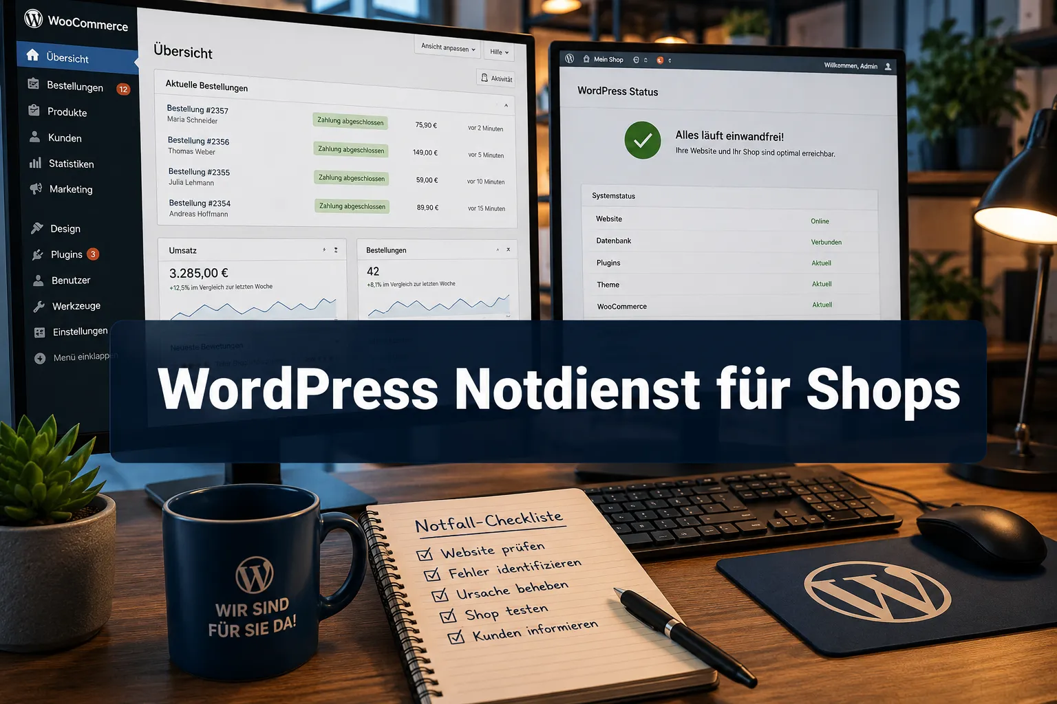 Professional () hero image with (≤42 chars): 'WordPress Notdienst für Shops' in crisp white on a deep navy semi-transparent