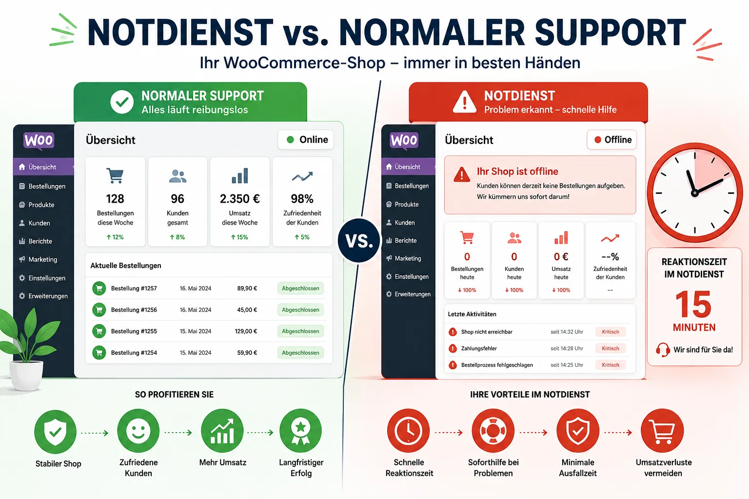 Editorial () split-screen illustration: left half shows a calm WooCommerce shop dashboard with green 'Online' status