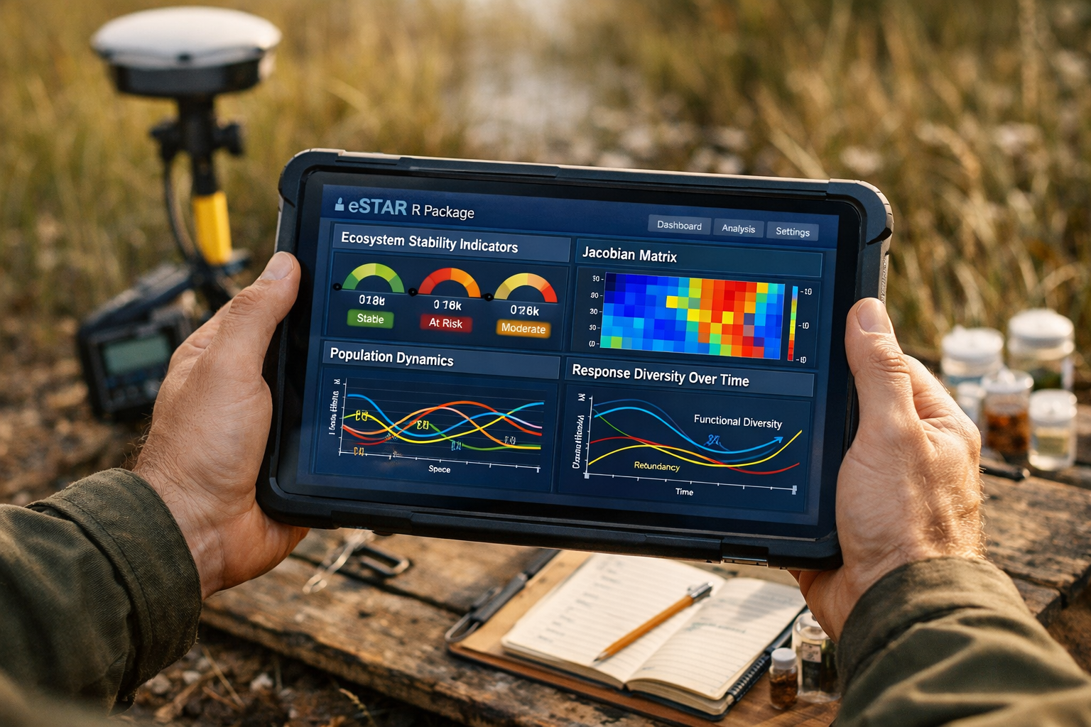 Detailed () image showing close-up of surveyor's hands holding modern digital field tablet displaying ecosystem stability